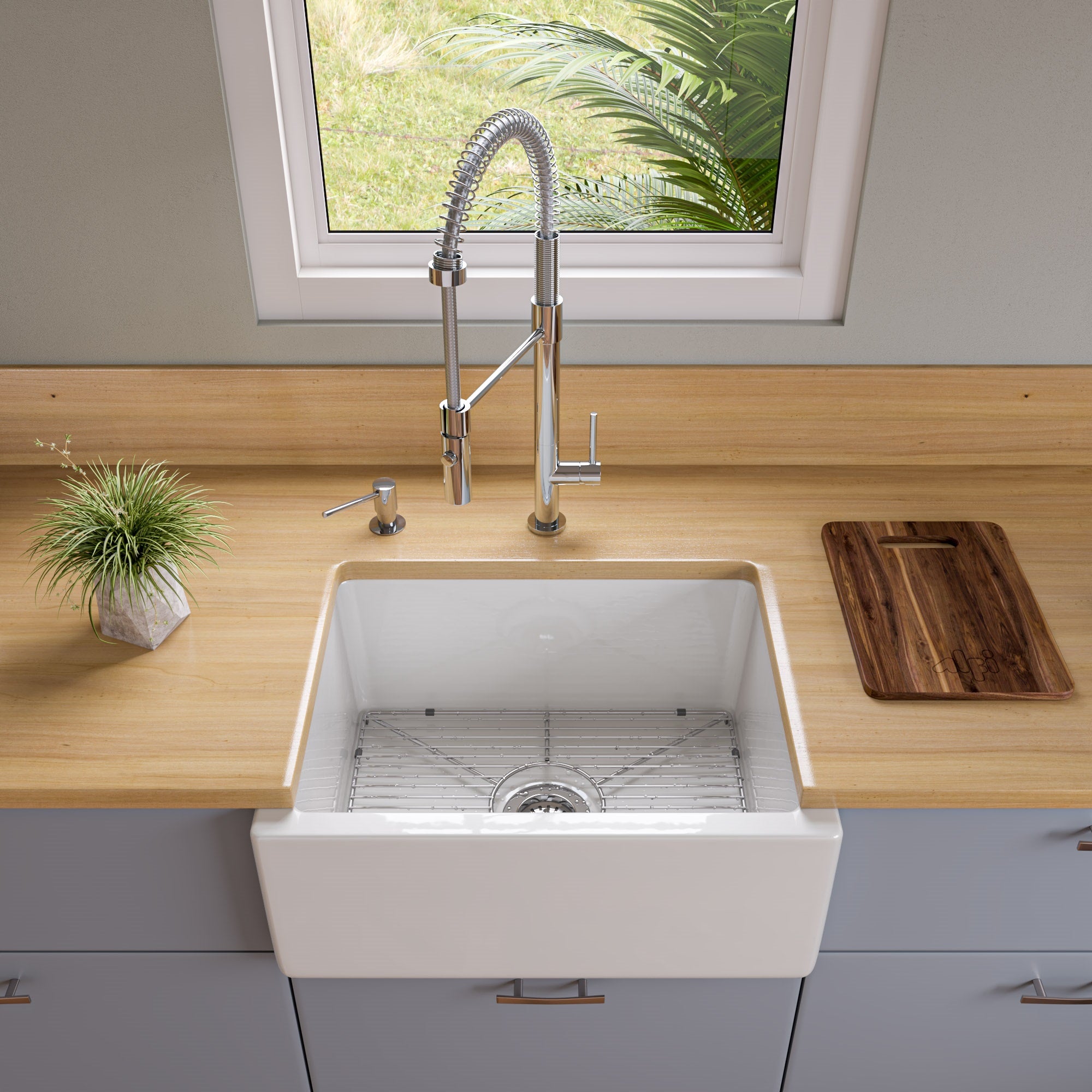 ALFI brand AB2418HS 24" Reversible Smooth / Fluted Single Bowl Fireclay Farm Sink – Biscuit, Black Gloss, Black Matte, White