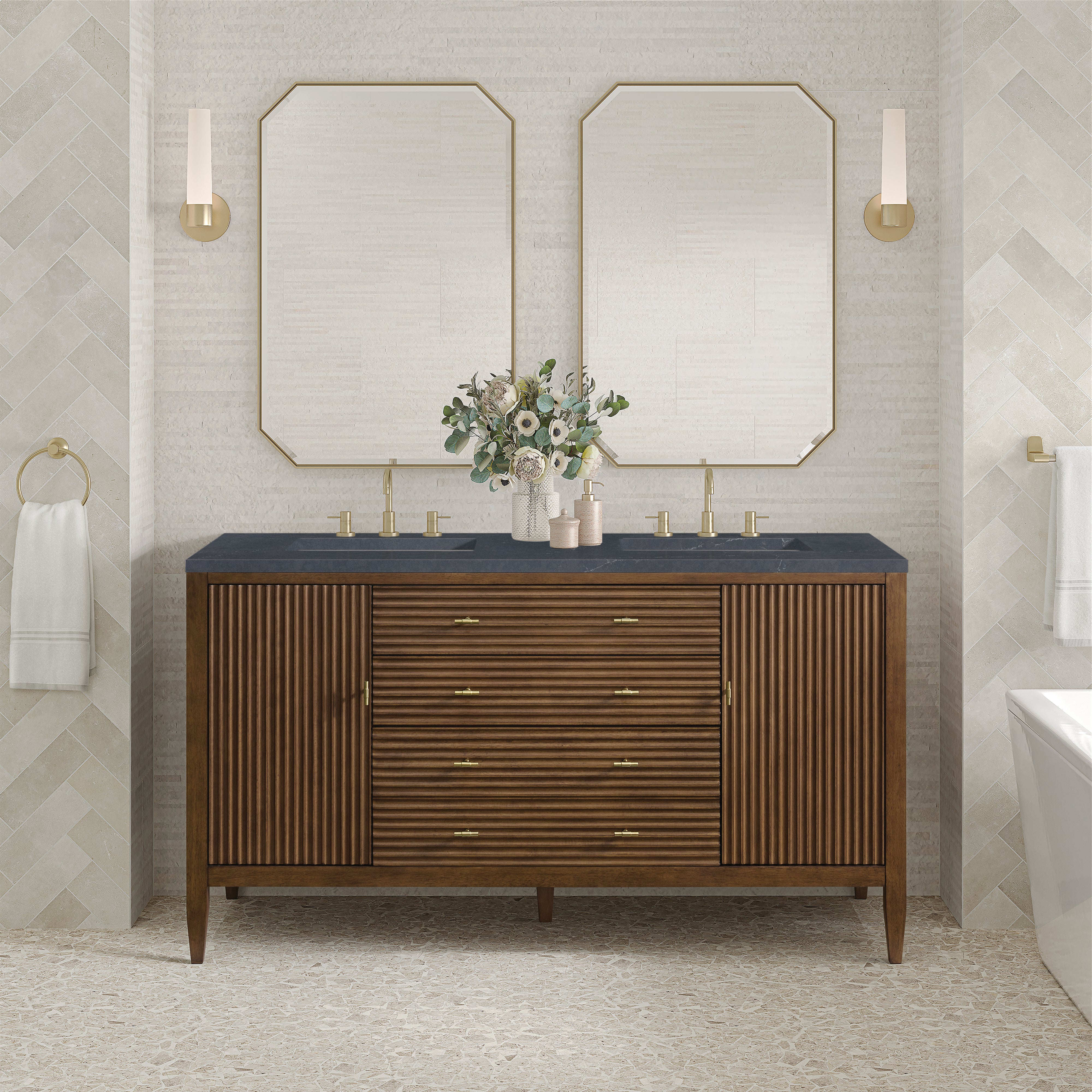 James Martin Myrrin 60" Double Vanity in Mid Century Walnut with 3cm Countertop