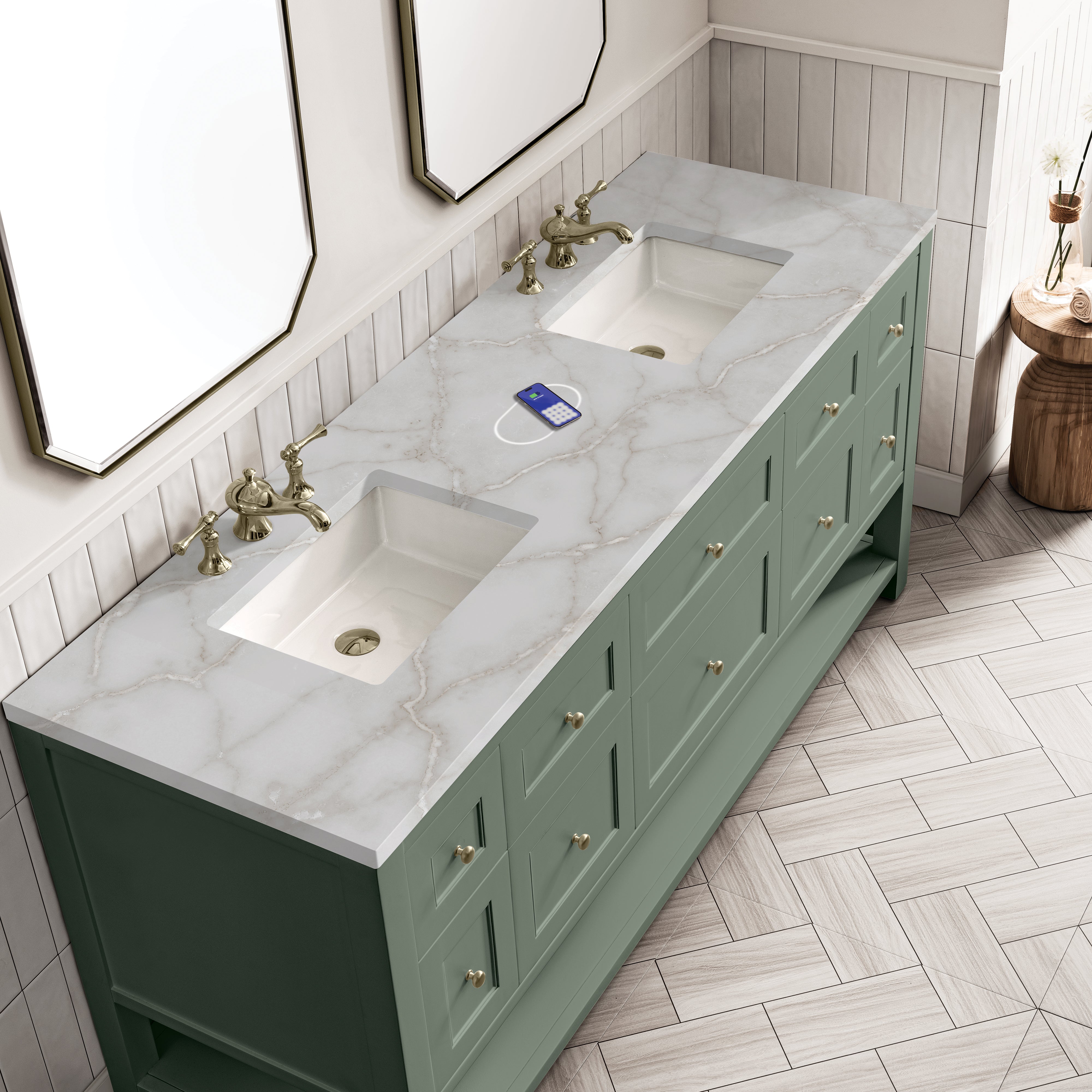 James Martin Breckenridge 72" Double Vanity in Smokey Celadon with 3cm Countertop and FreePower Wireless Charger