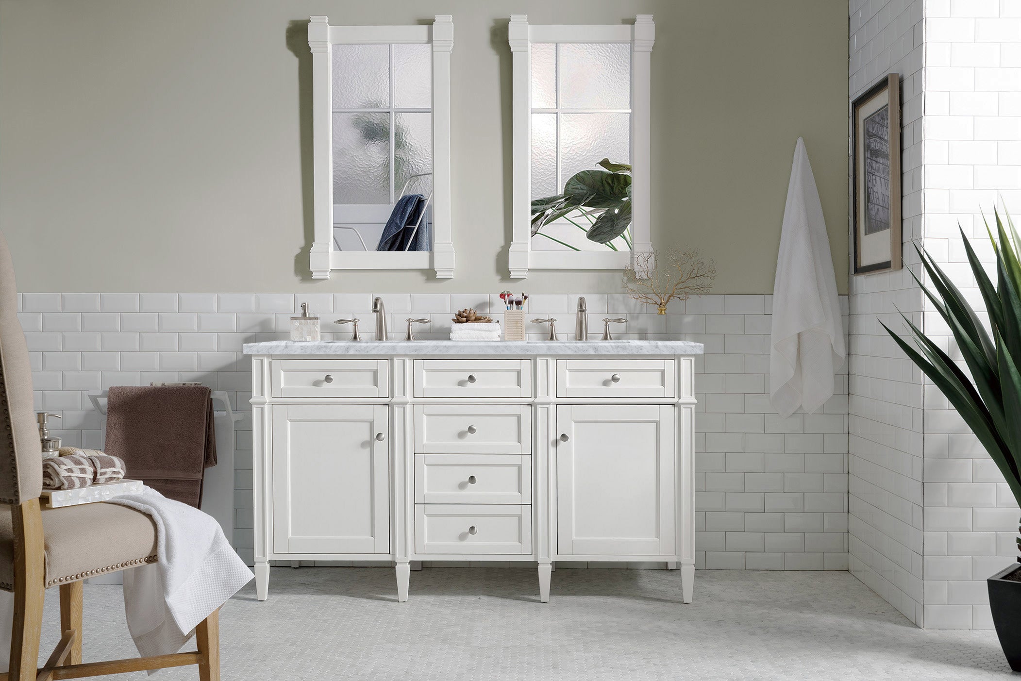 James Martin Brittany 60" Double Vanity in Bright White with 3cm Countertop