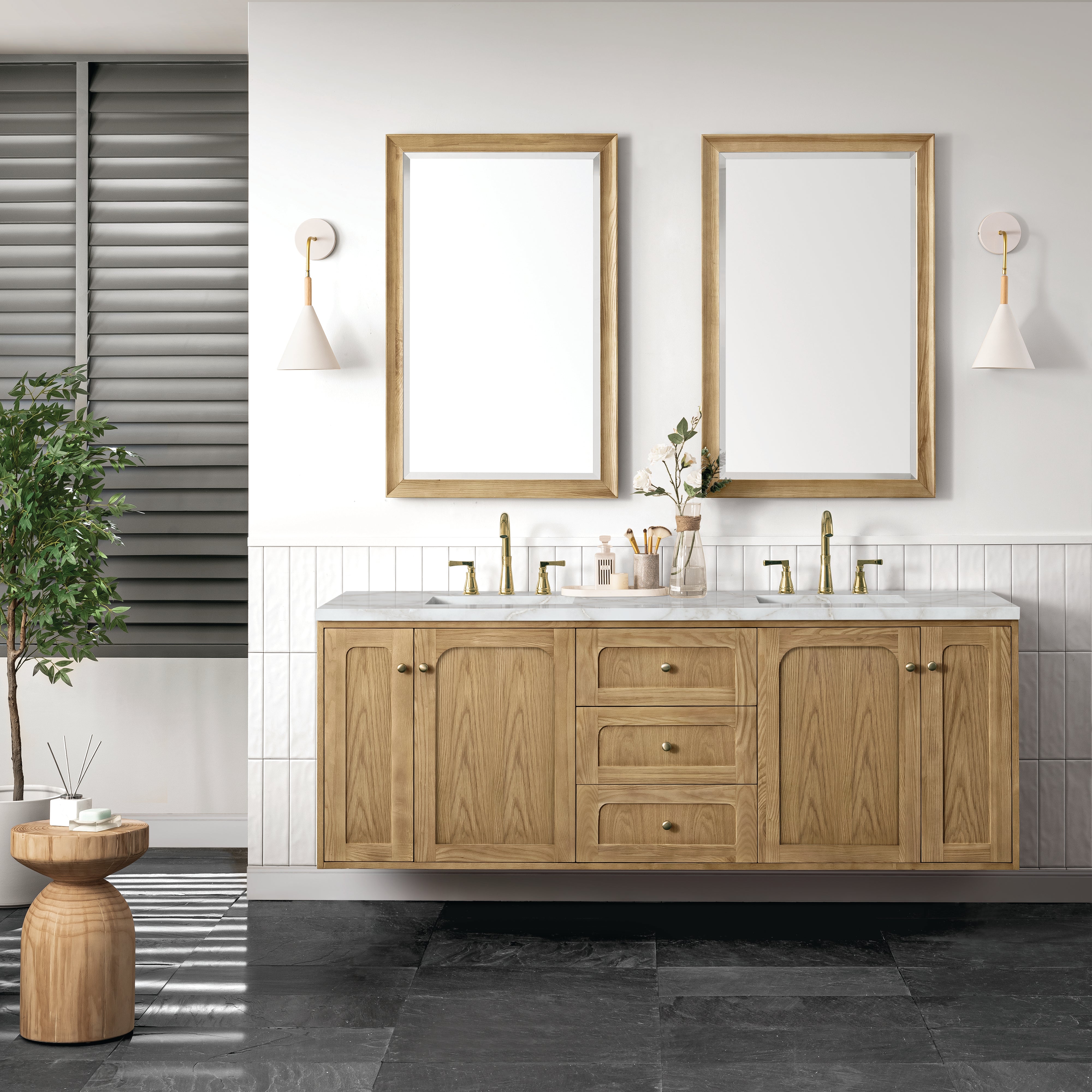 James Martin Laurent 72" Double Vanity in Light Natural Oak with 3cm Countertop and FreePower Wireless Charger