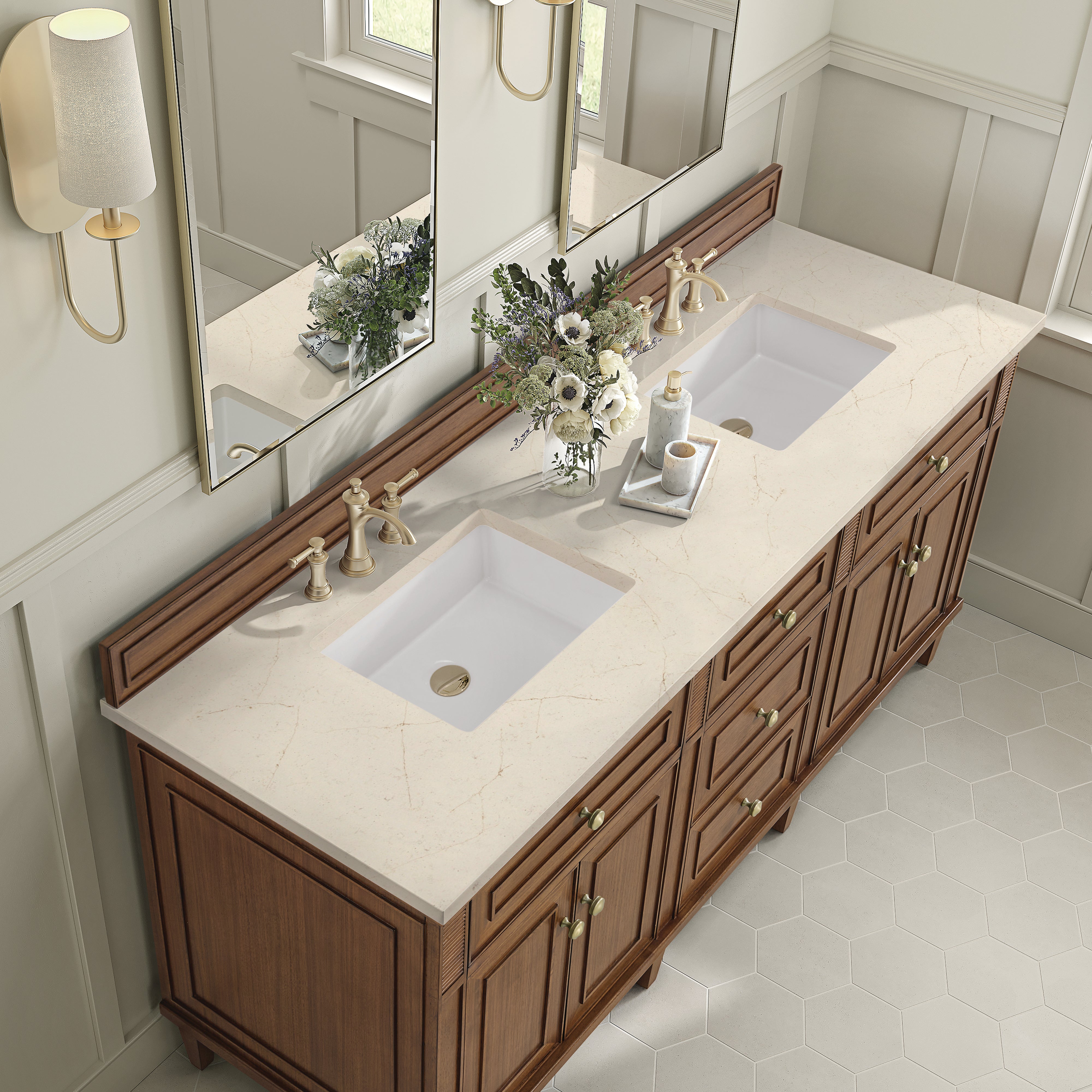 James Martin Lorelai 72"Double Vanity in Mid-Century Walnut with 3cm Countertop