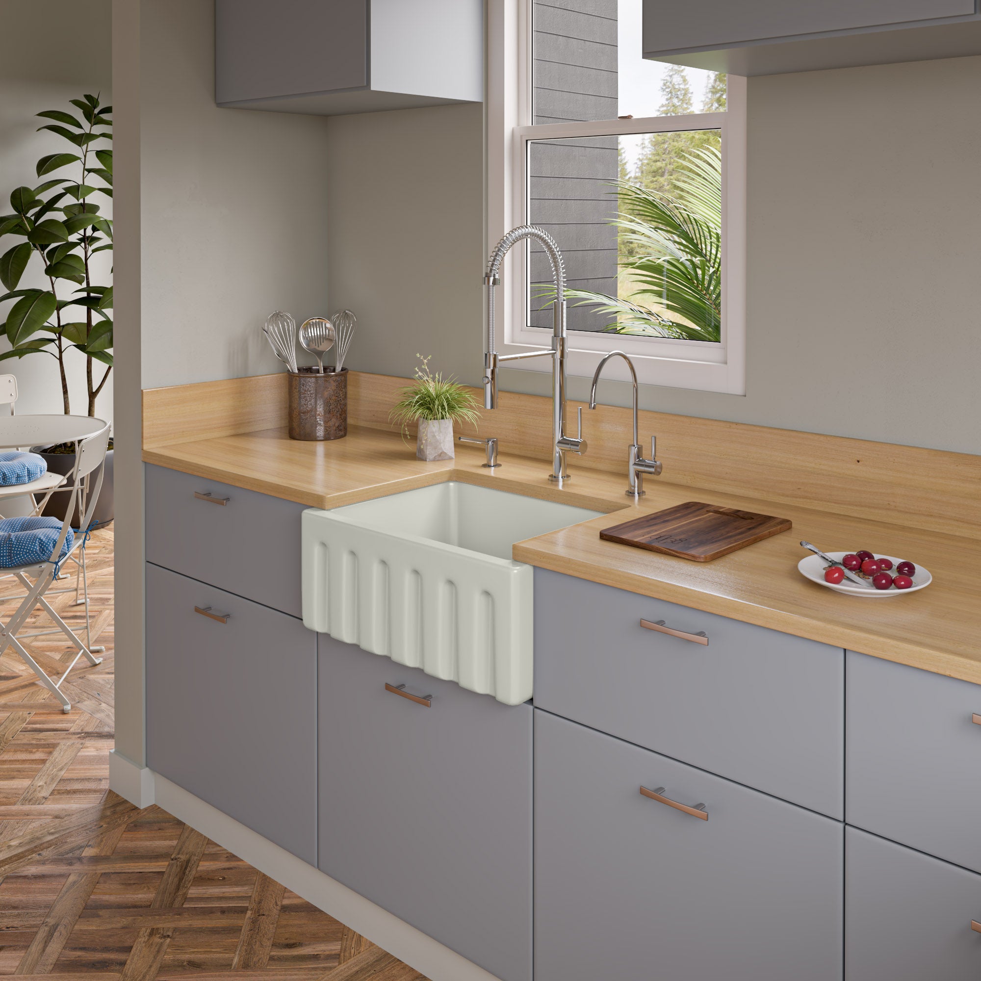 ALFI brand AB2418HS 24" Reversible Smooth / Fluted Single Bowl Fireclay Farm Sink – Biscuit, Black Gloss, Black Matte, White