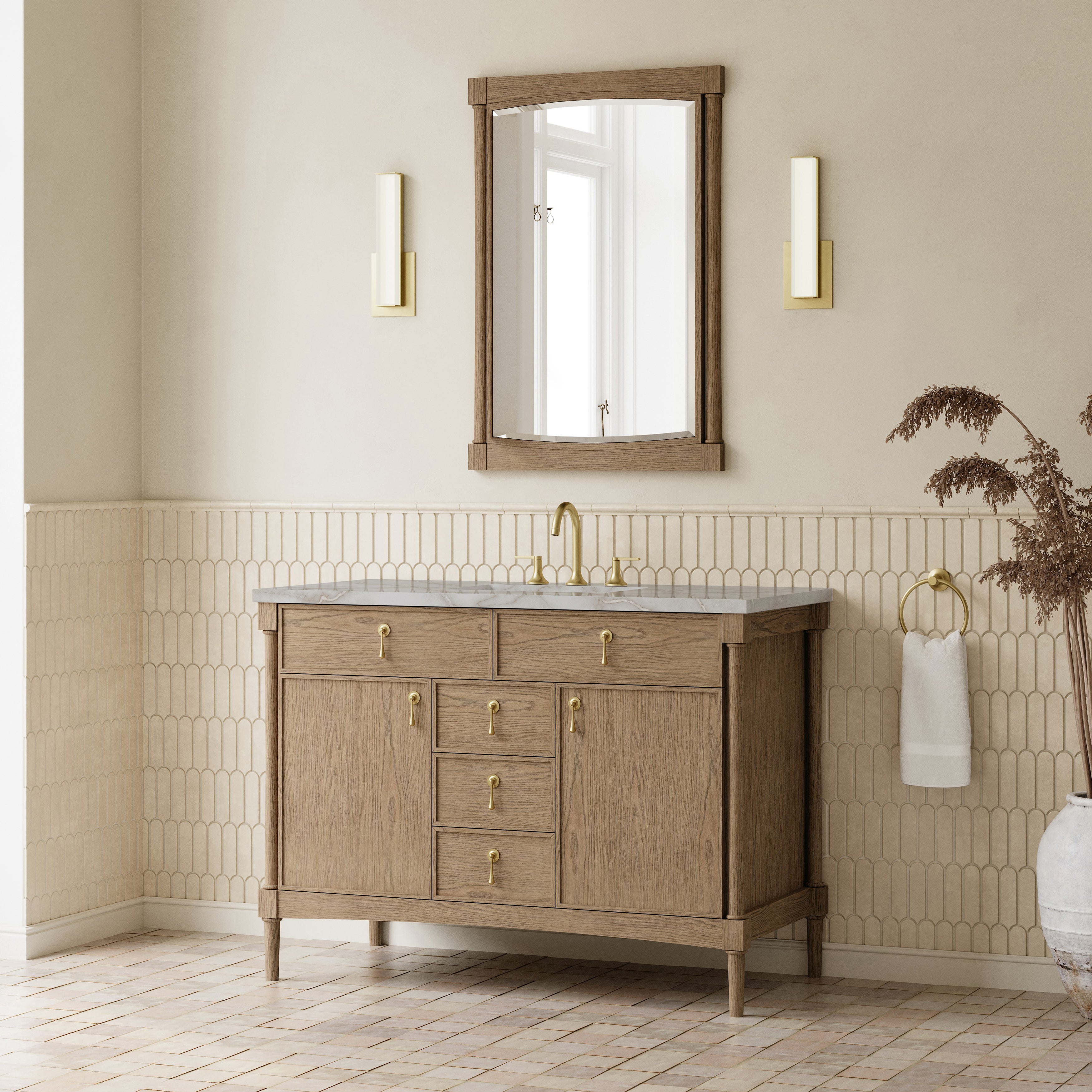 James Martin Kinnsden 48" Single Vanity in Weathered Oak with 3cm Countertop and FreePower Wireless Charger