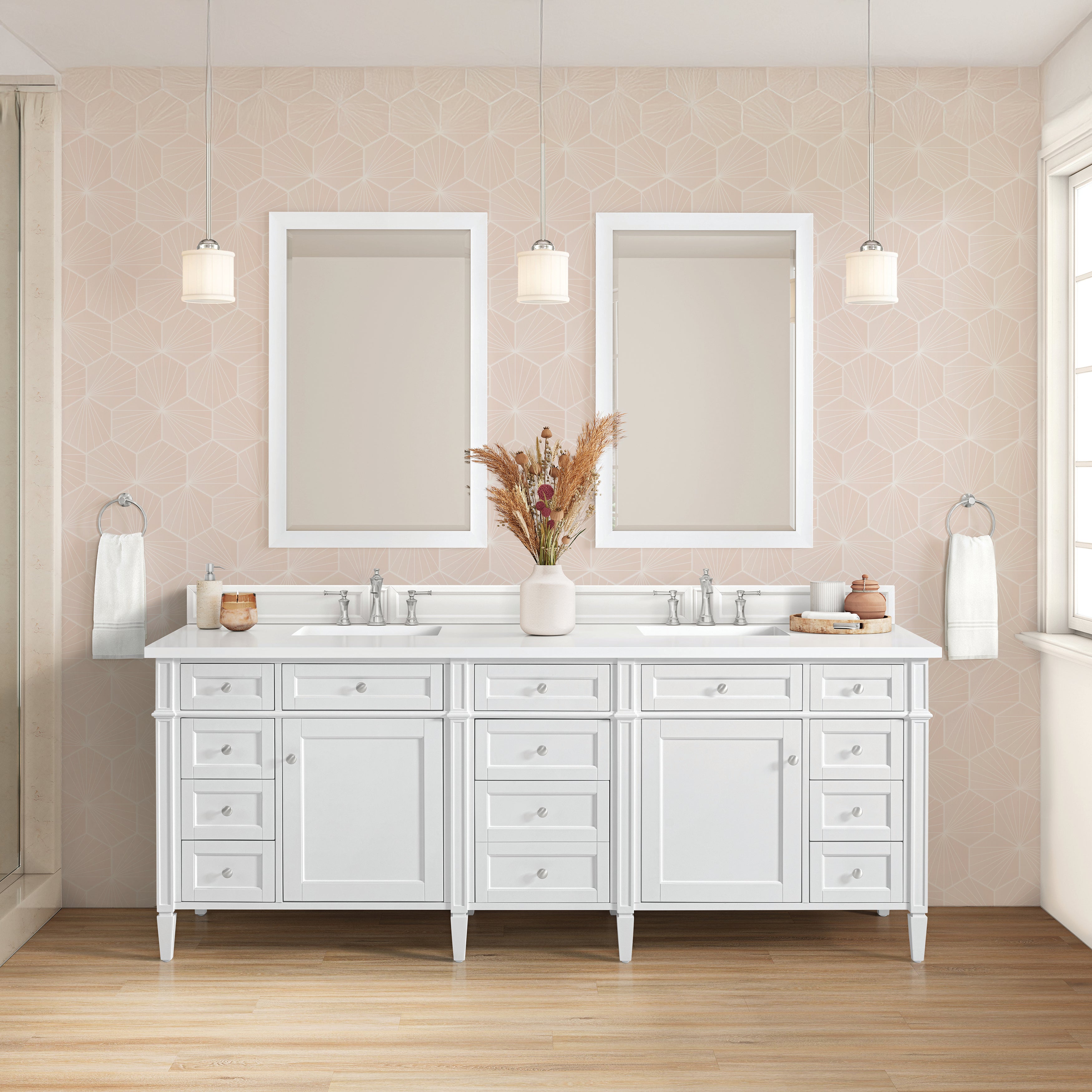 James Martin Brittany 84" Double Vanity in Bright White with 3cm Countertop