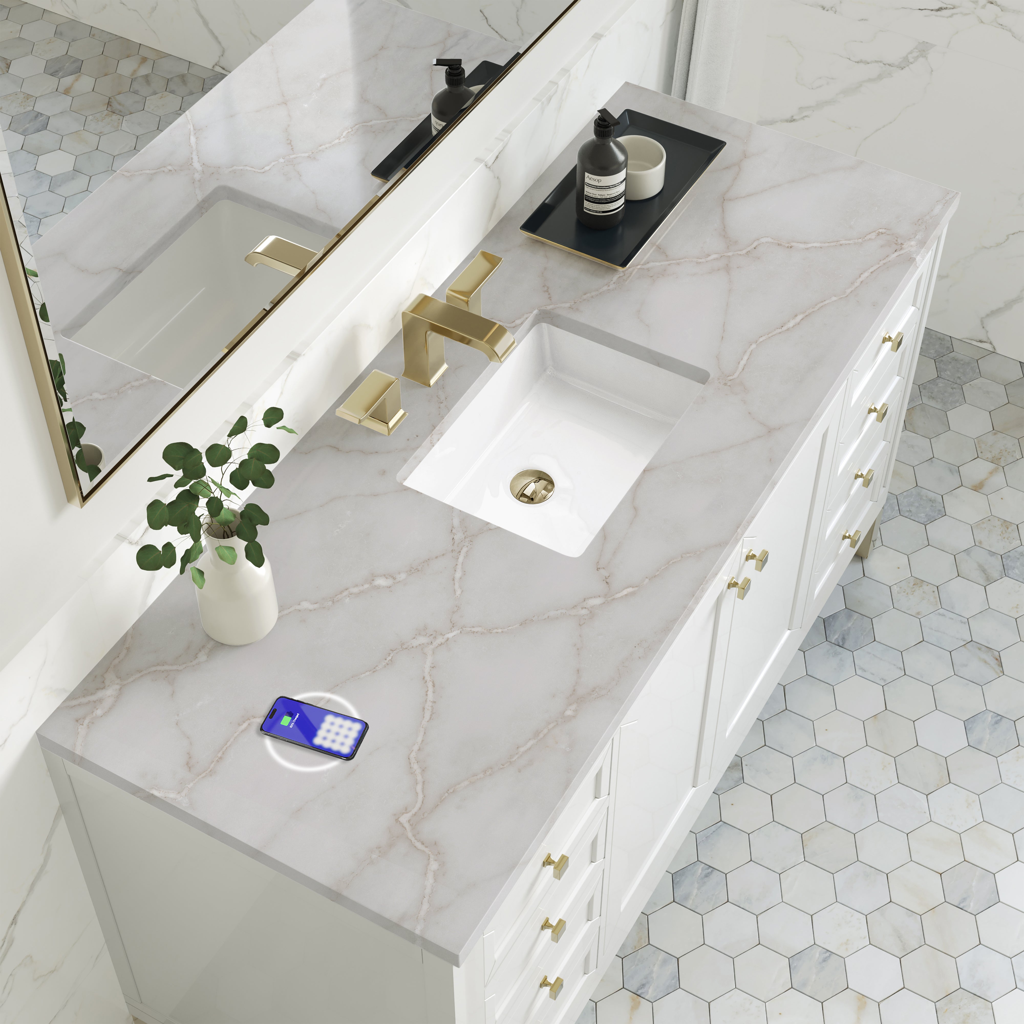 James Martin Chicago 60" Single Vanity in Glossy White with 3cm Countertop and FreePower Wireless Charger