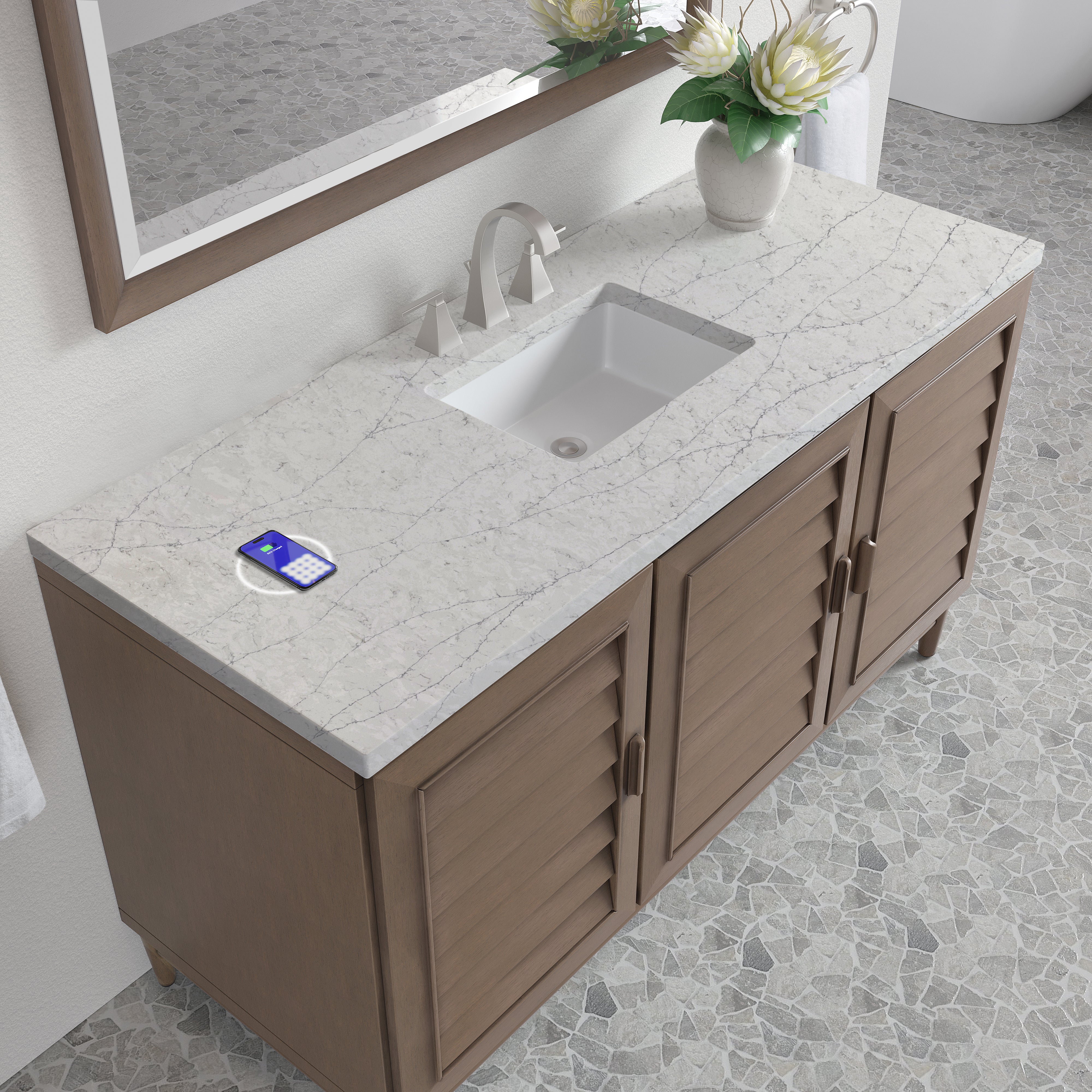 James Martin Portland 60" Single Vanity in Whitewashed Walnut with 3cm Countertop and FreePower Wireless Charger