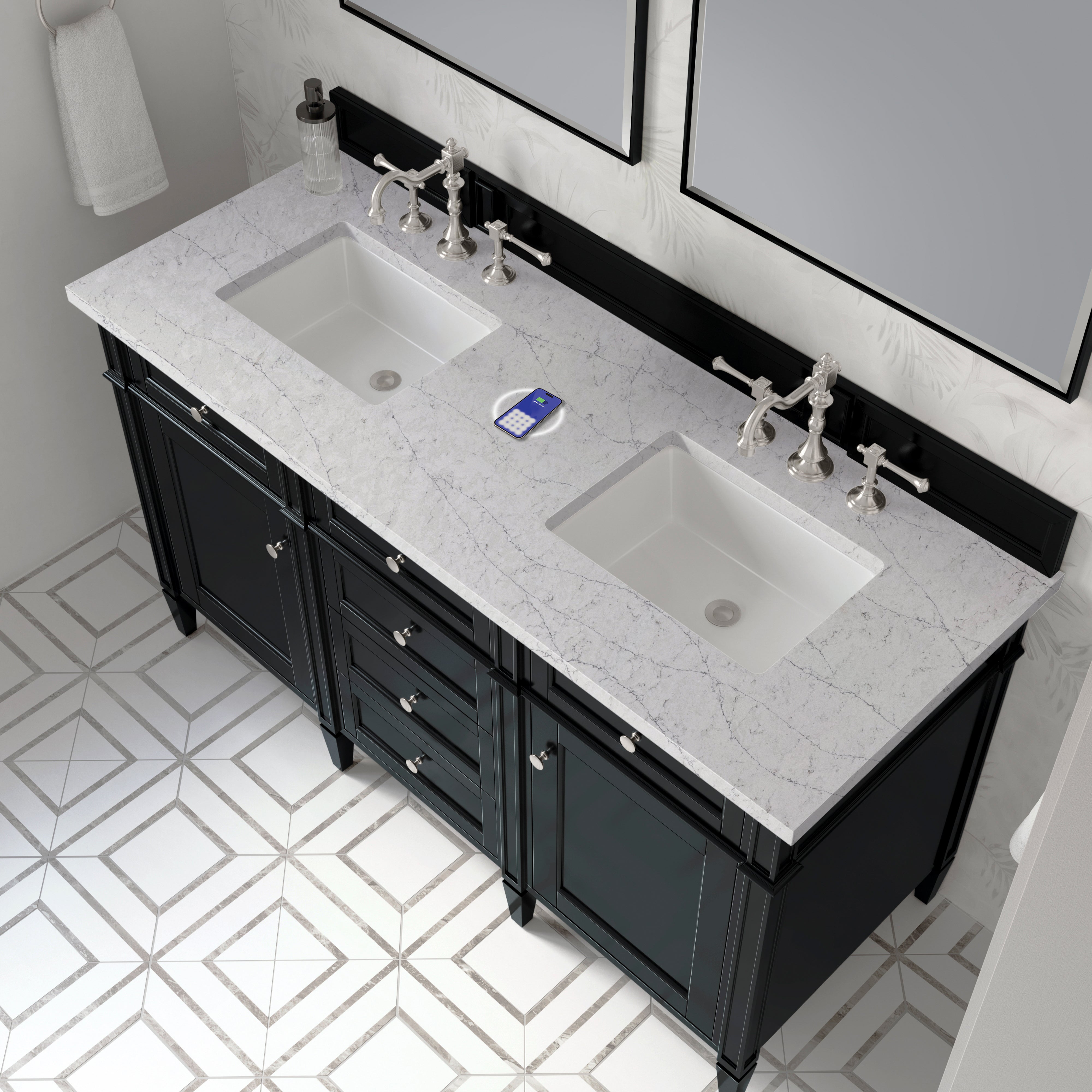 James Martin Brittany 60" Double Vanity in Black Onyx with 3cm Countertop and FreePower Wireless Charger