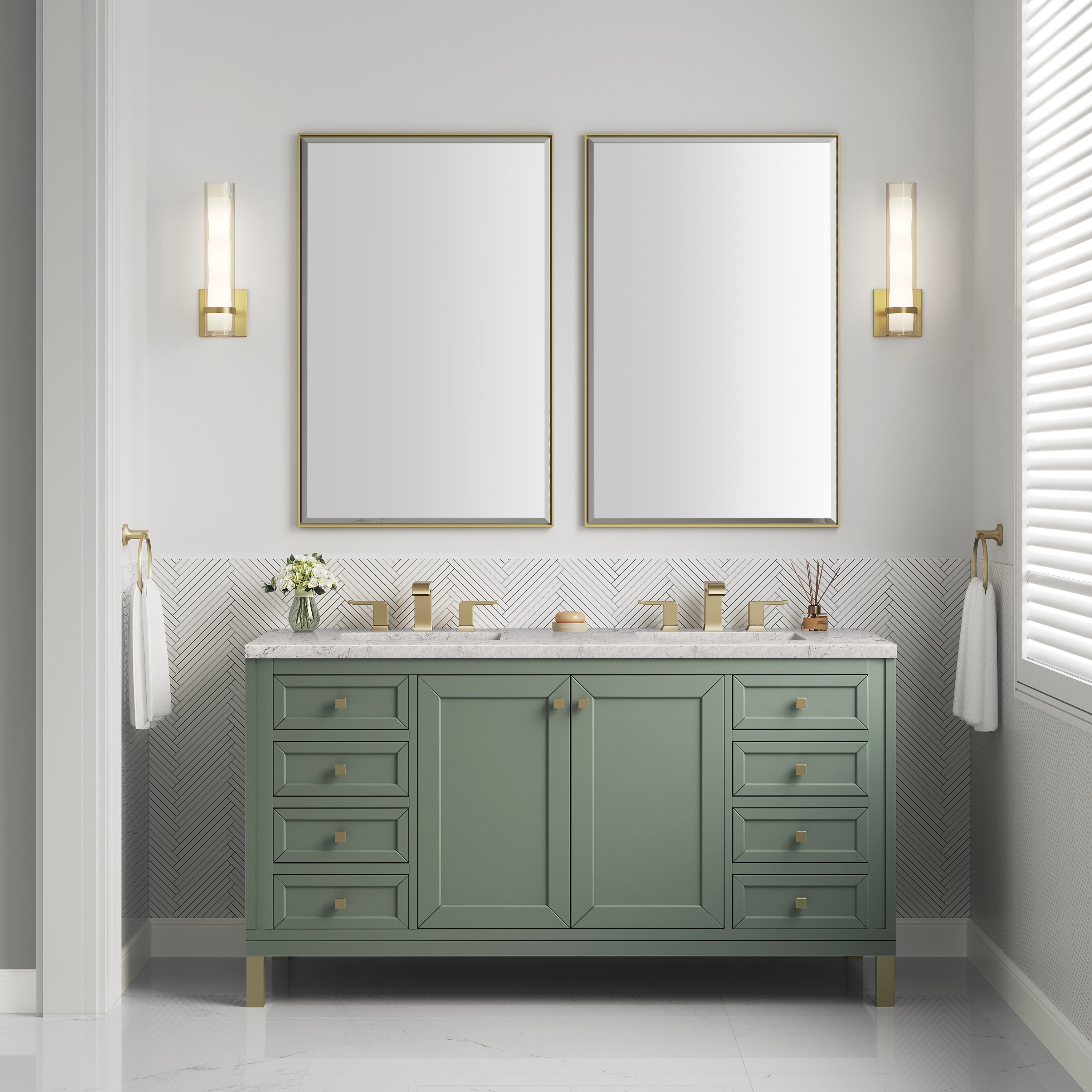 James Martin Chicago 60" Double Vanity in Smokey Celadon with 3cm Countertop