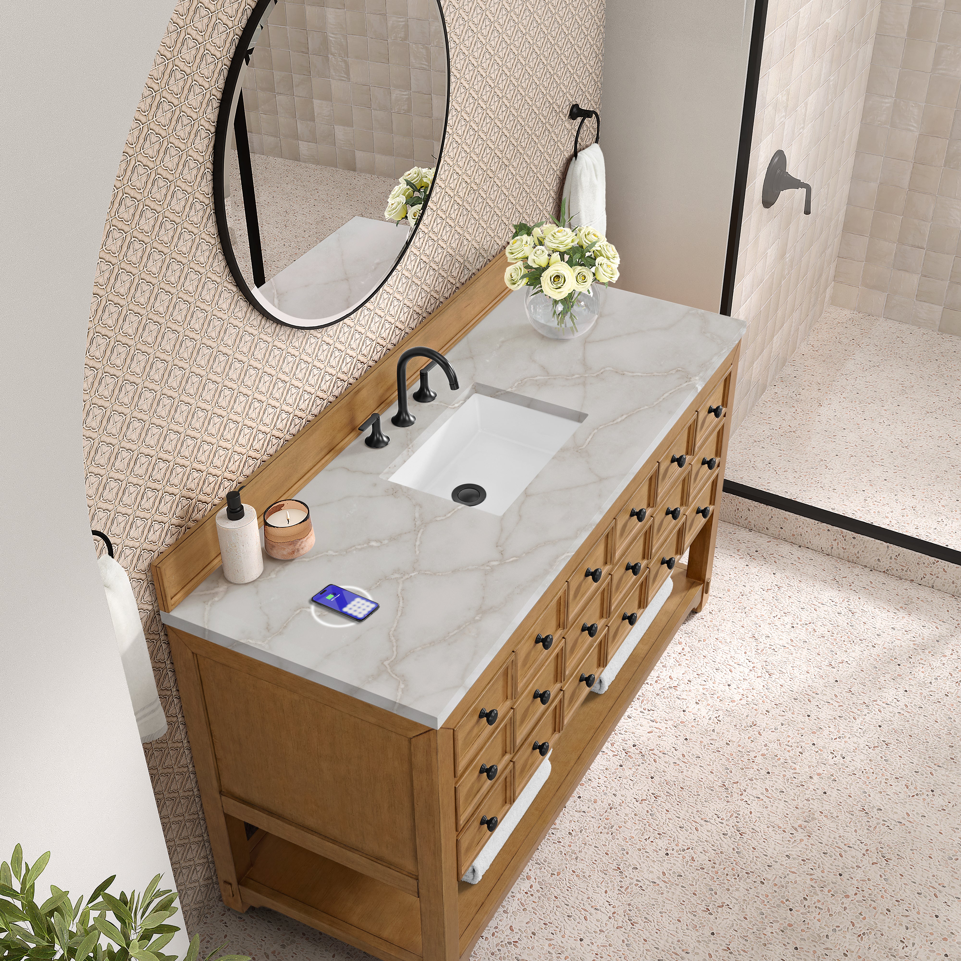 James Martin Malibu 60" Single Vanity in Amber Birch with 3cm Countertop and FreePower Wireless Charger