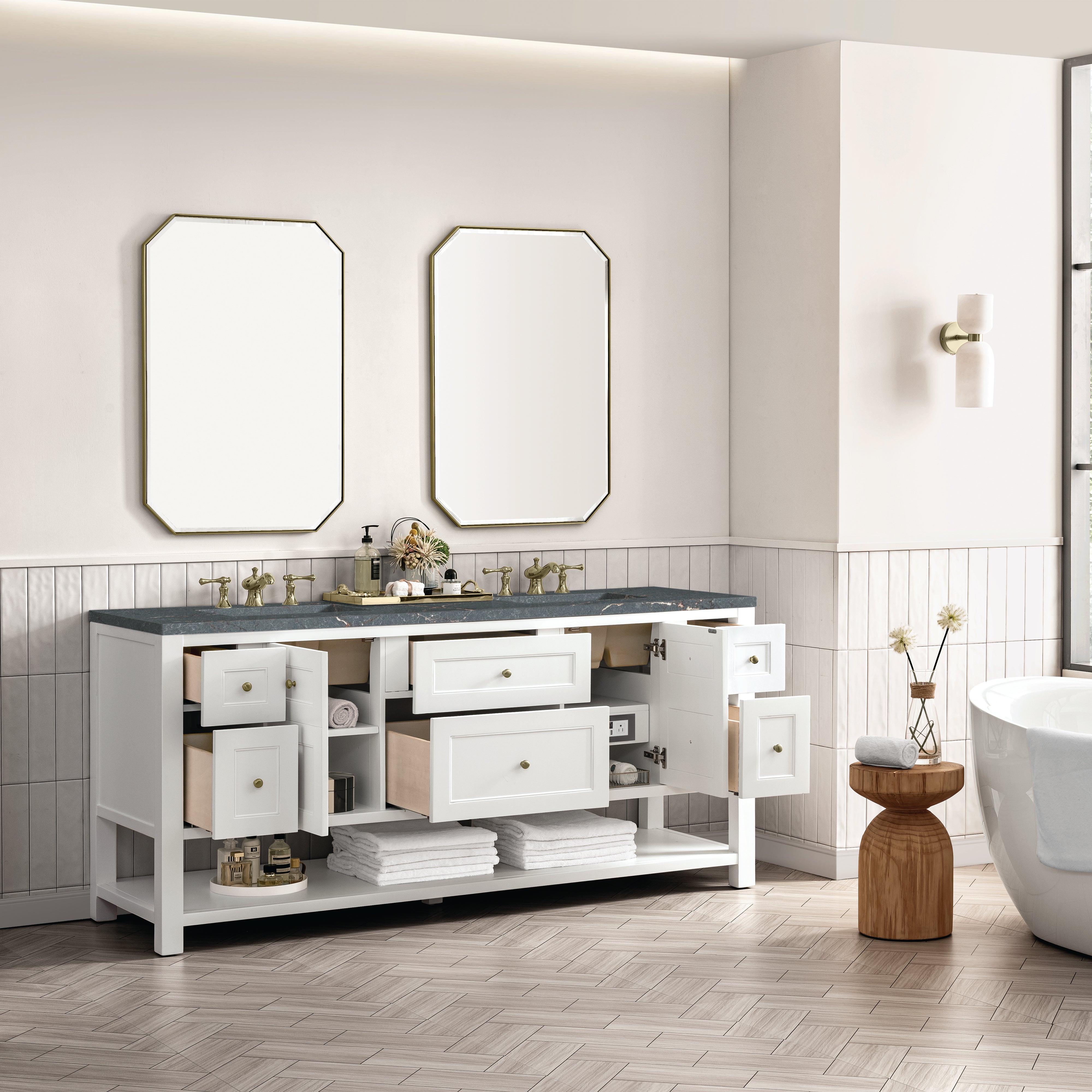James Martin Breckenridge 72" Double Vanity in Bright White with 3cm Countertop and FreePower Wireless Charger