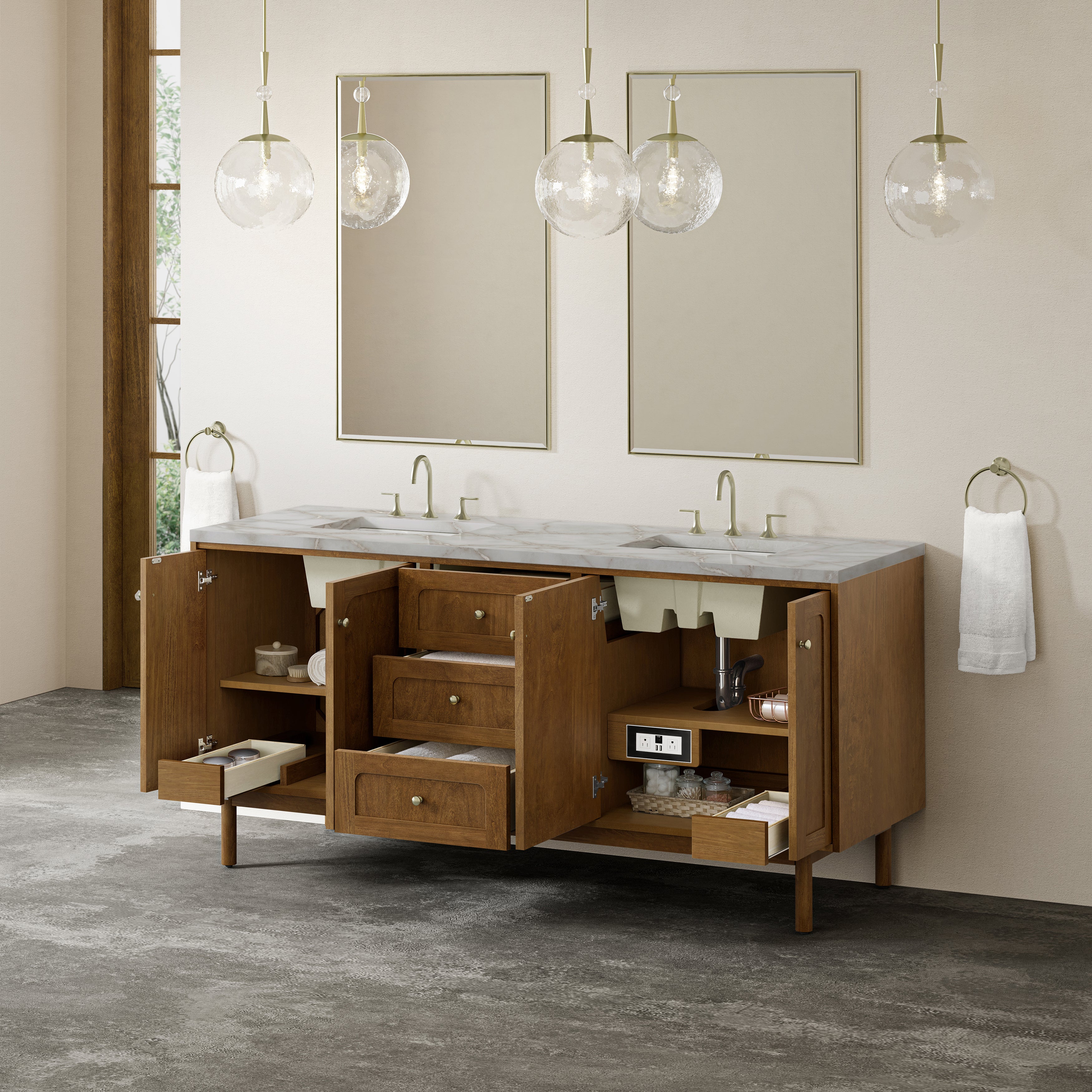 James Martin Laurent 72" Double Vanity in Honey Oak with 3cm Countertop and FreePower Wireless Charger