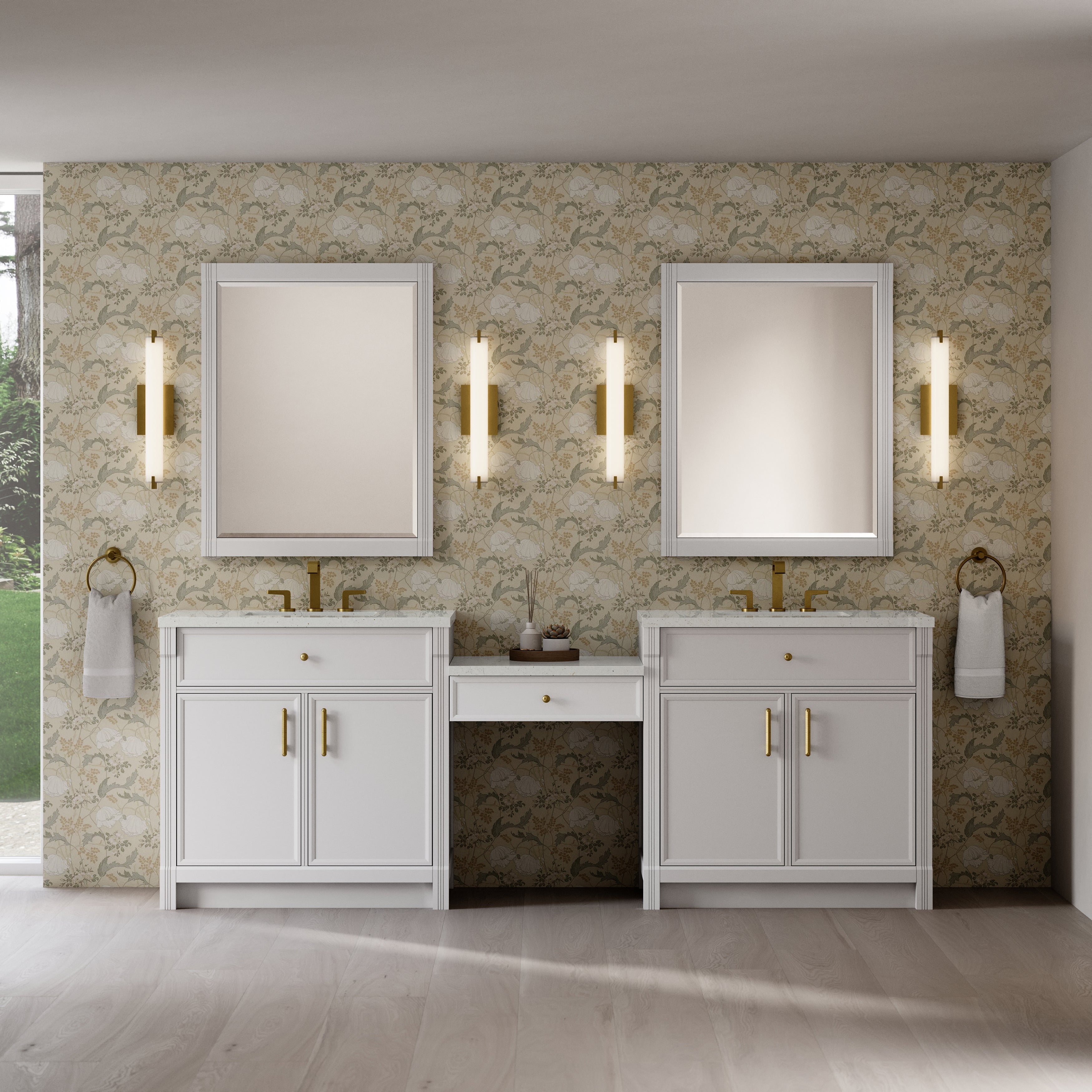 James Martin Bellshire 96" Dual Vanity Set with 24" Make-Up Counter in Bright White with 3cm Countertop