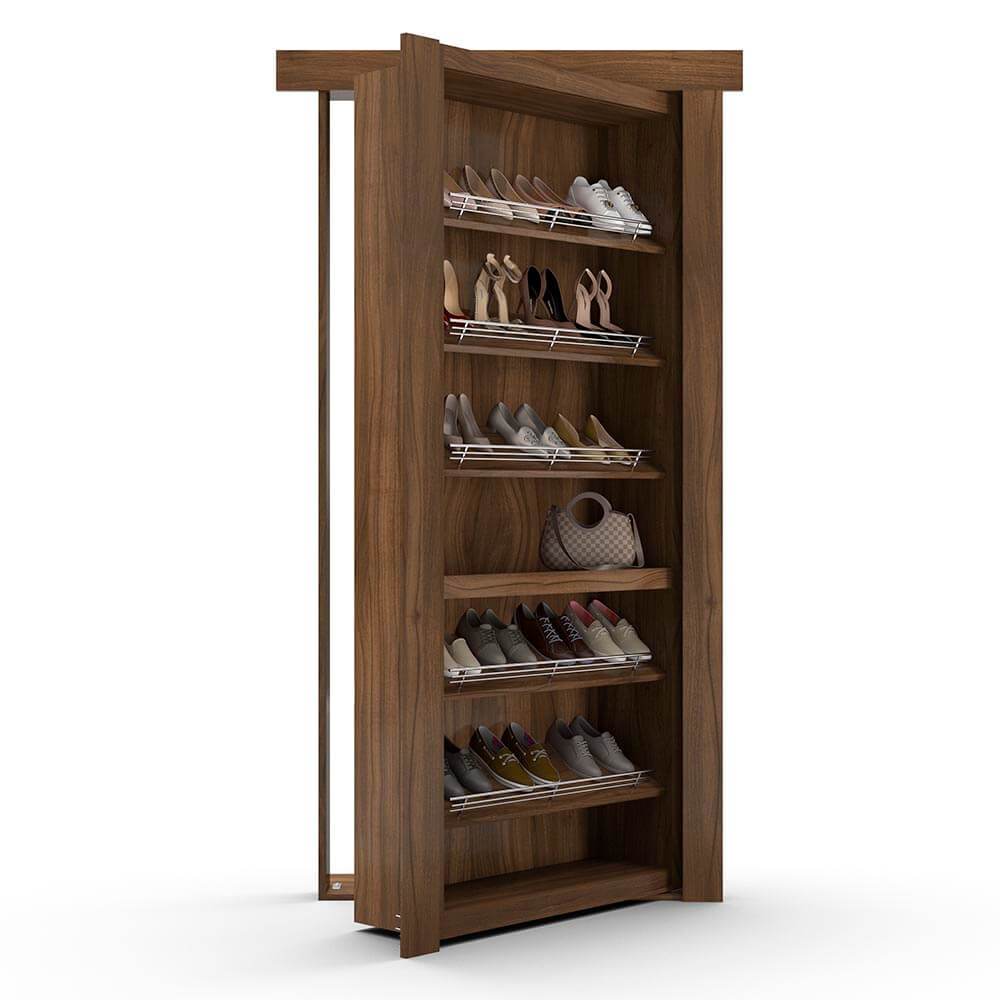 Hidden Flush Mount Walnut Shoe Rack Door by Murphy Door