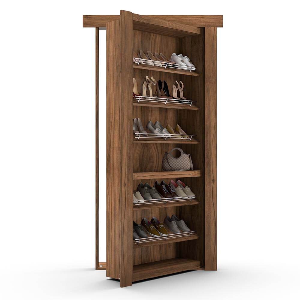 Hidden Flush Mount Walnut Shoe Rack Door by Murphy Door