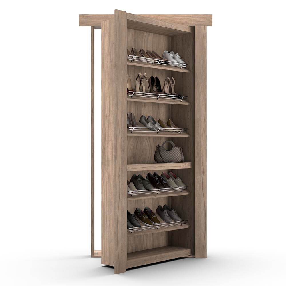 Hidden Flush Mount Walnut Shoe Rack Door by Murphy Door