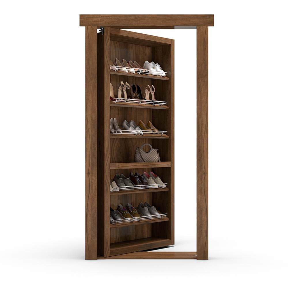 Hidden Flush Mount Walnut Shoe Rack Door by Murphy Door