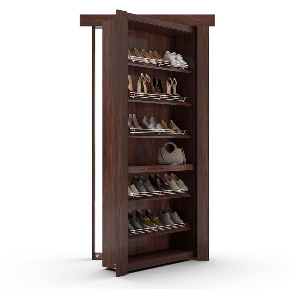 Hidden Flush Mount Walnut Shoe Rack Door by Murphy Door