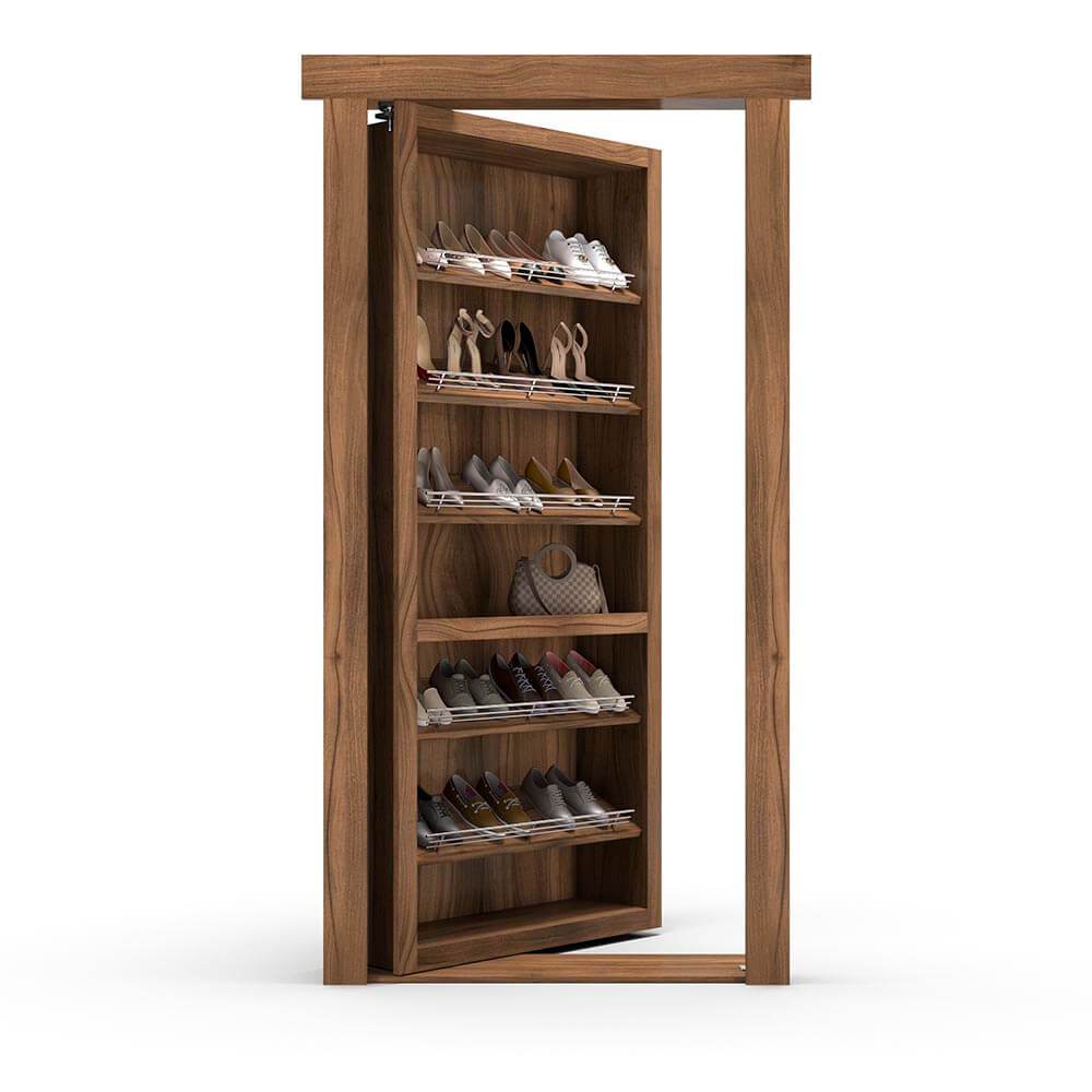 Hidden Flush Mount Walnut Shoe Rack Door by Murphy Door