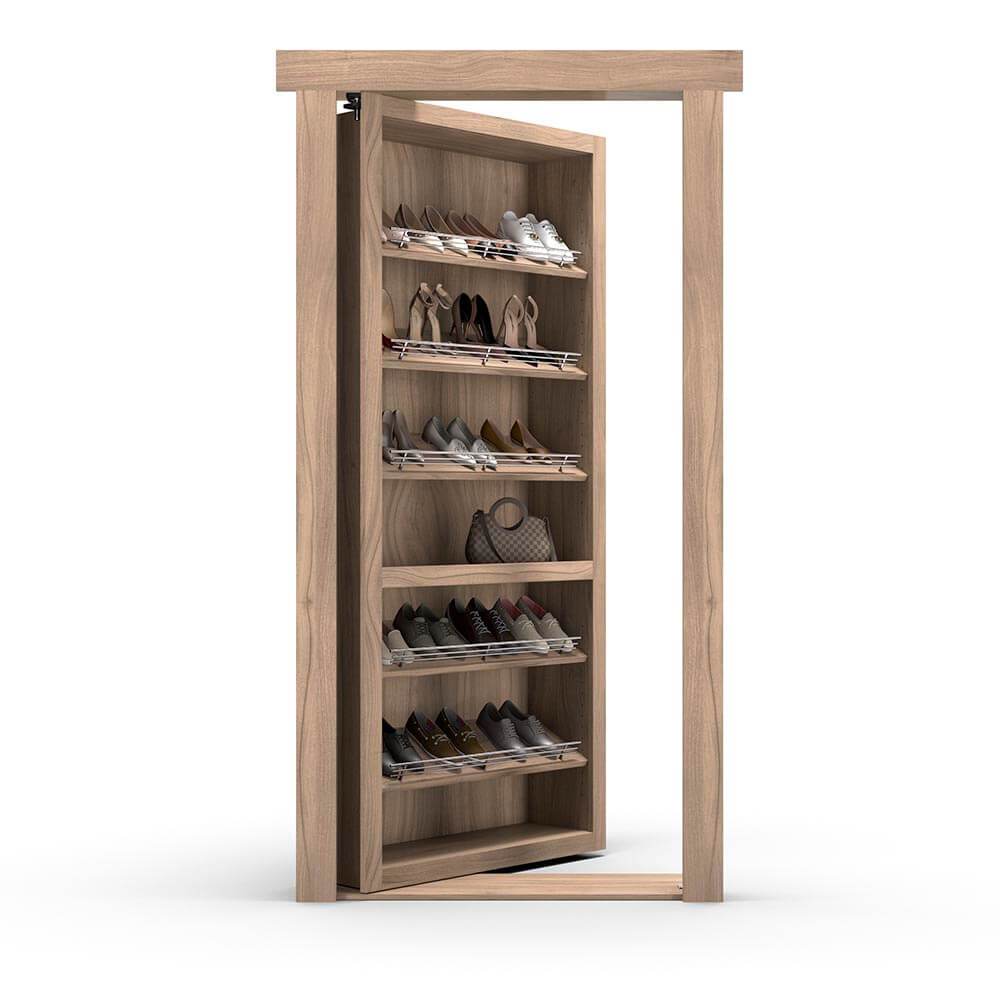 Hidden Flush Mount Walnut Shoe Rack Door by Murphy Door