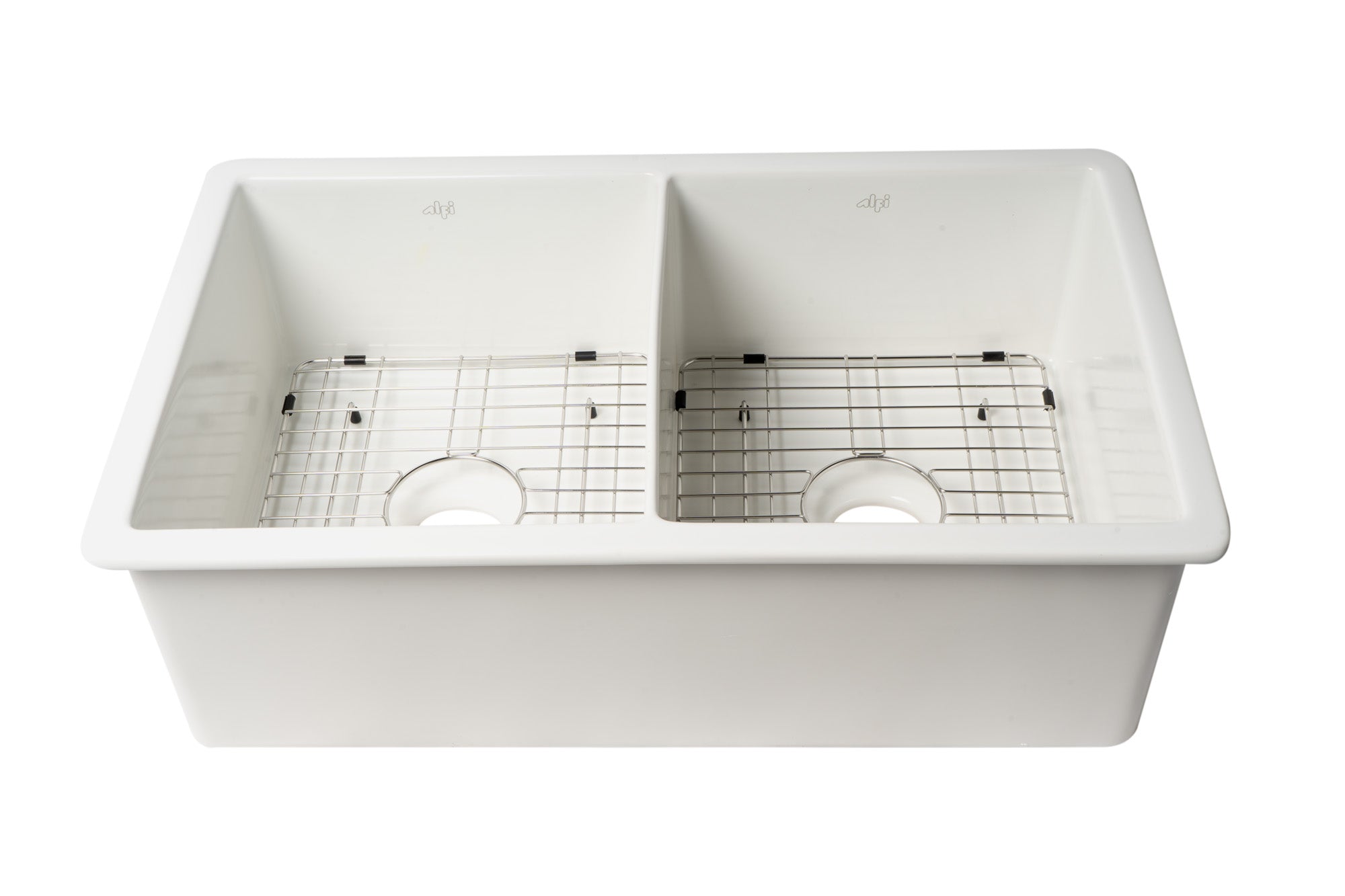 ALFI brand ABF3219DUD ABF3219DUD-W White 32" x 19" Double Bowl Fireclay Undermount / Drop In Kitchen Sink w Grid