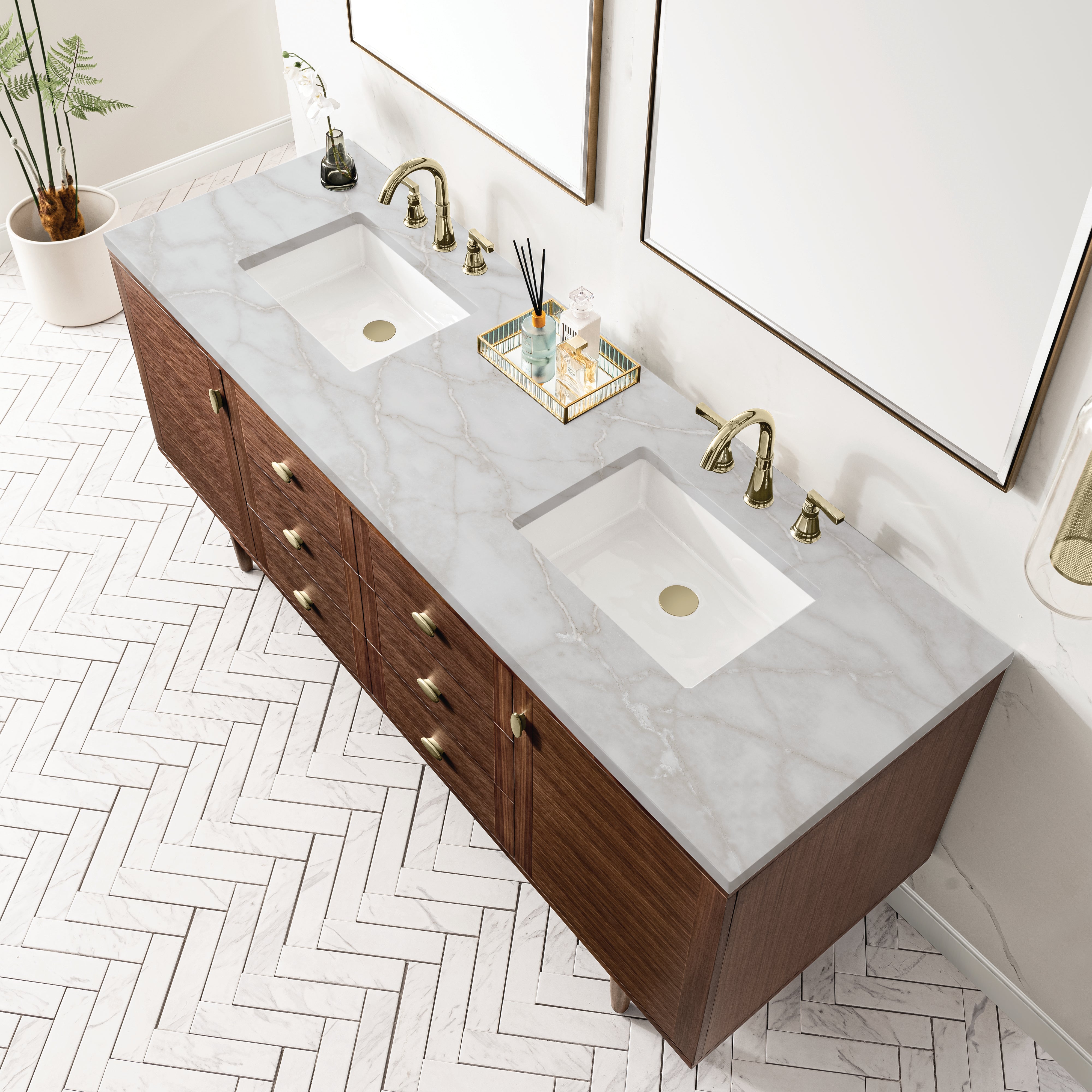 James Martin Amberly 72" Double Vanity in Mid-Century Walnut with 3cm Countertop