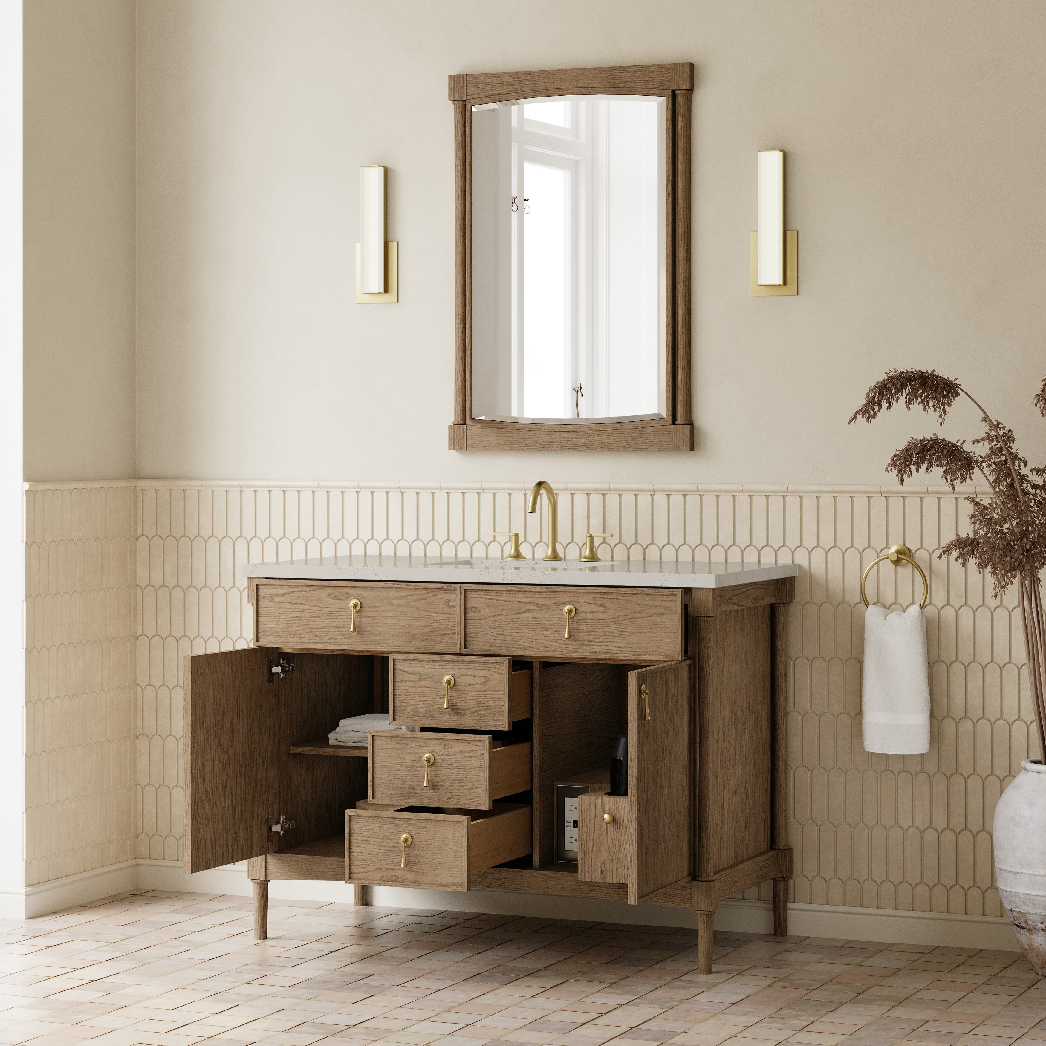 James Martin Kinnsden 48" Single Vanity in Weathered Oak with 3cm Countertop and FreePower Wireless Charger