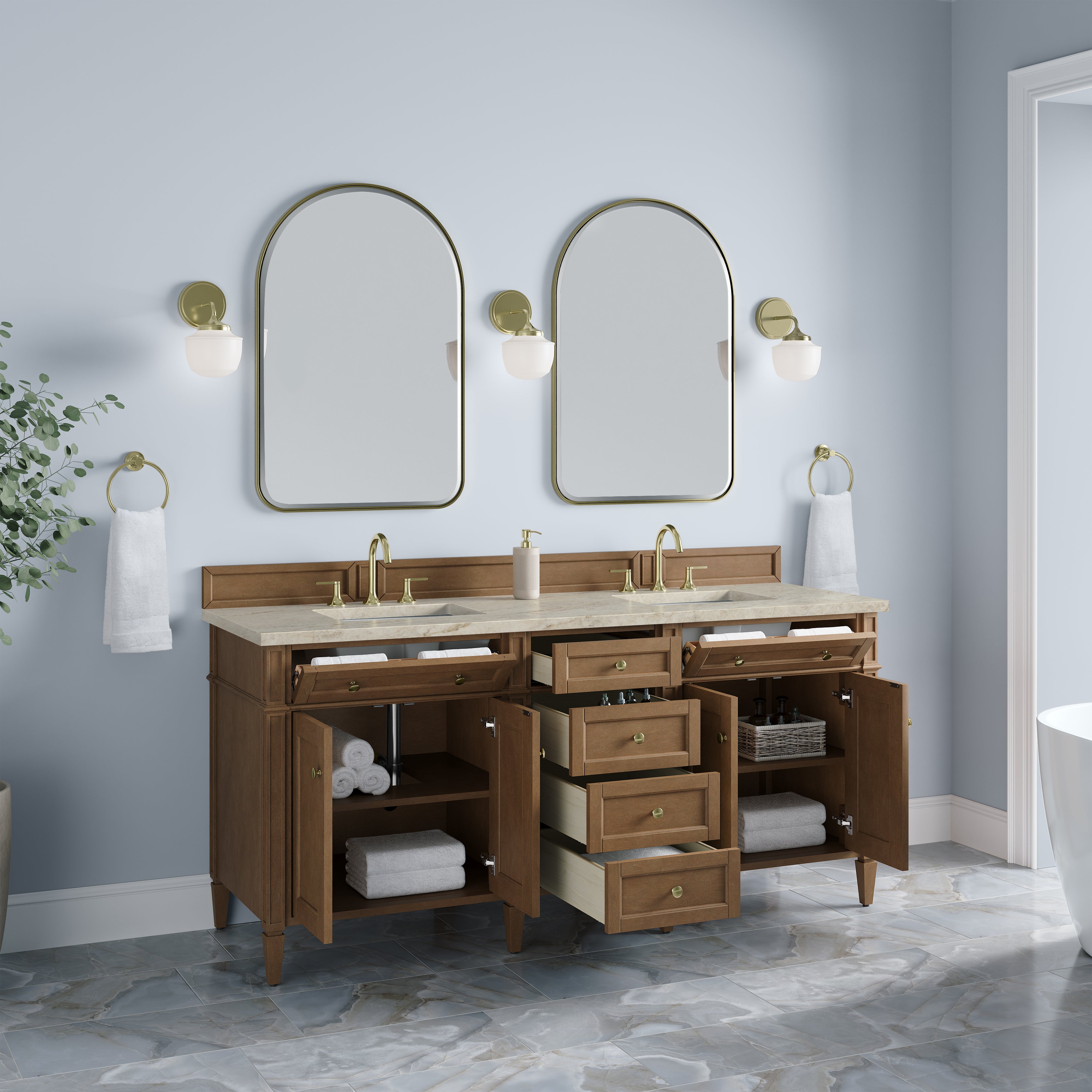James Martin Brittany 72" Double Vanity in Pecan with 3cm Countertop