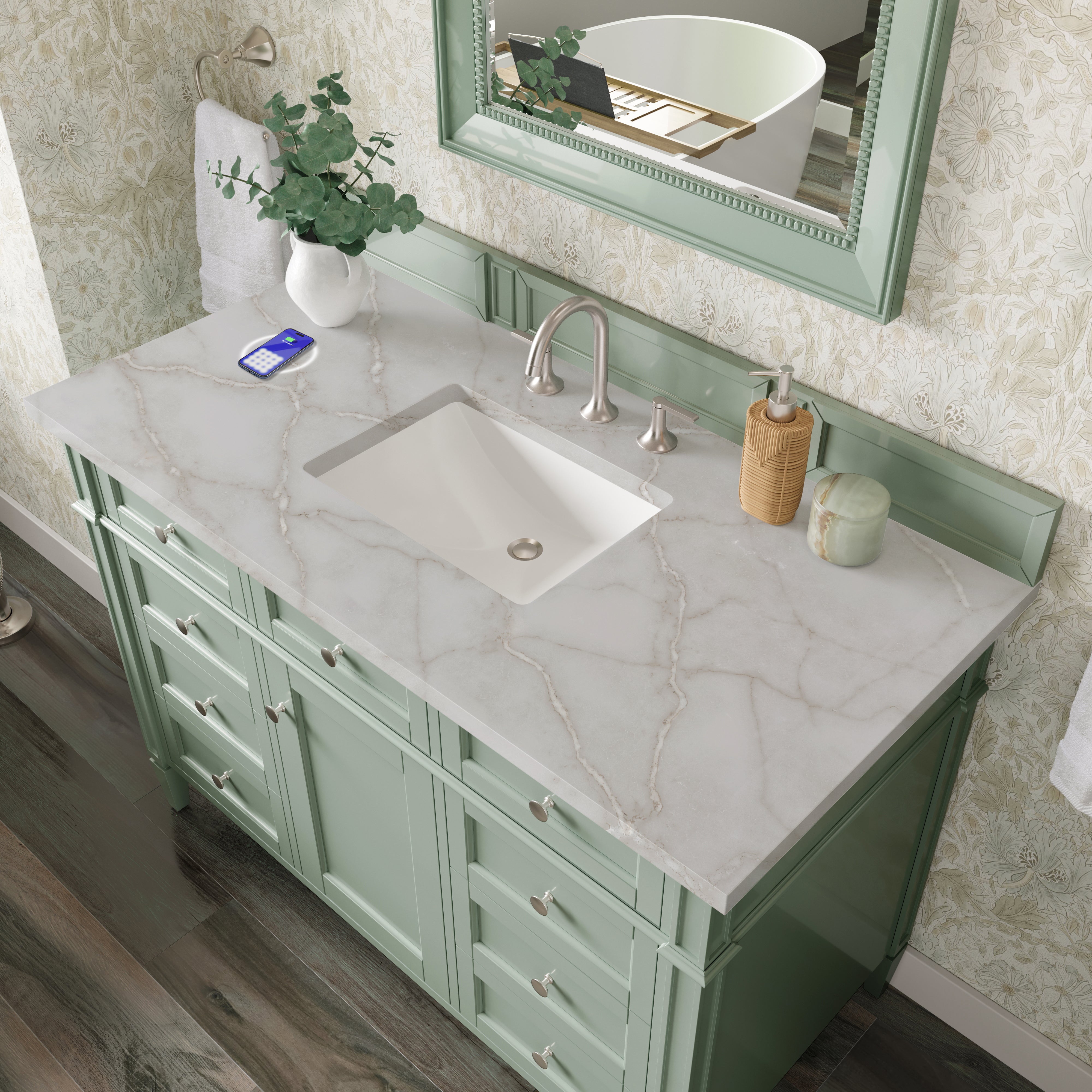 James Martin Brittany 48" Single Vanity in Sage Green with 3cm Countertop and FreePower Wireless Charger