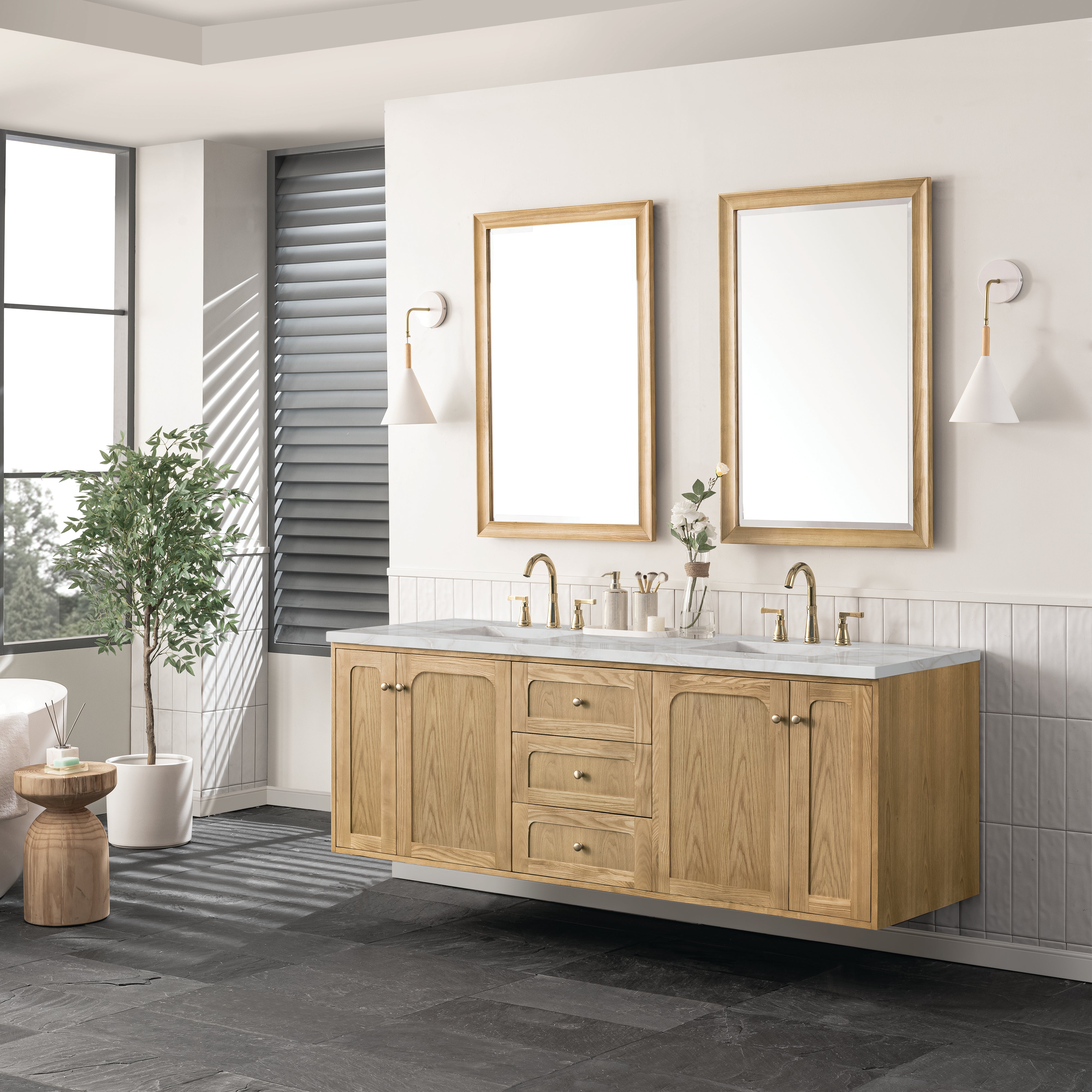 James Martin Laurent 72" Double Vanity in Light Natural Oak with 3cm Countertop and FreePower Wireless Charger