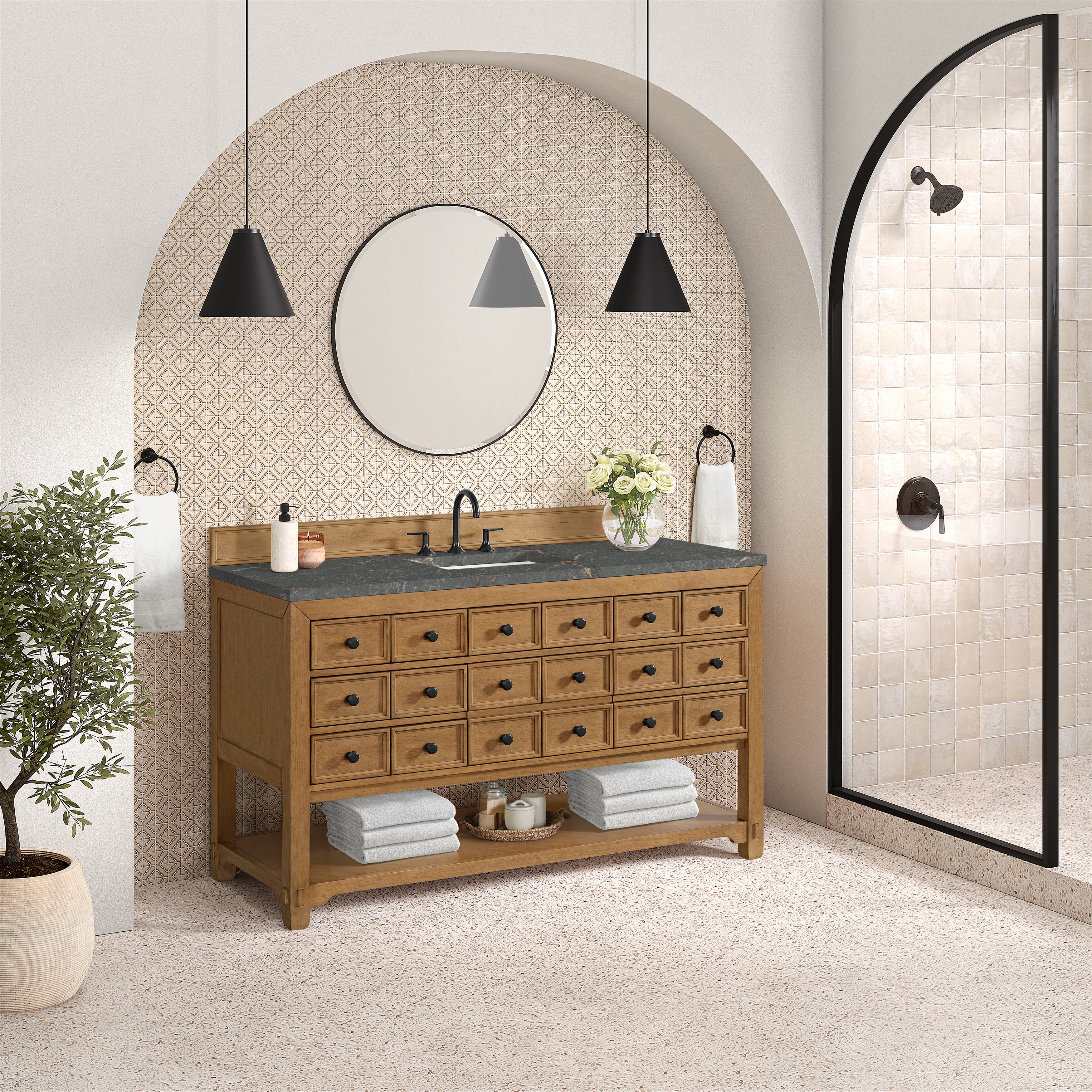 James Martin Malibu 60" Single Vanity in Amber Birch with 3cm Countertop and FreePower Wireless Charger