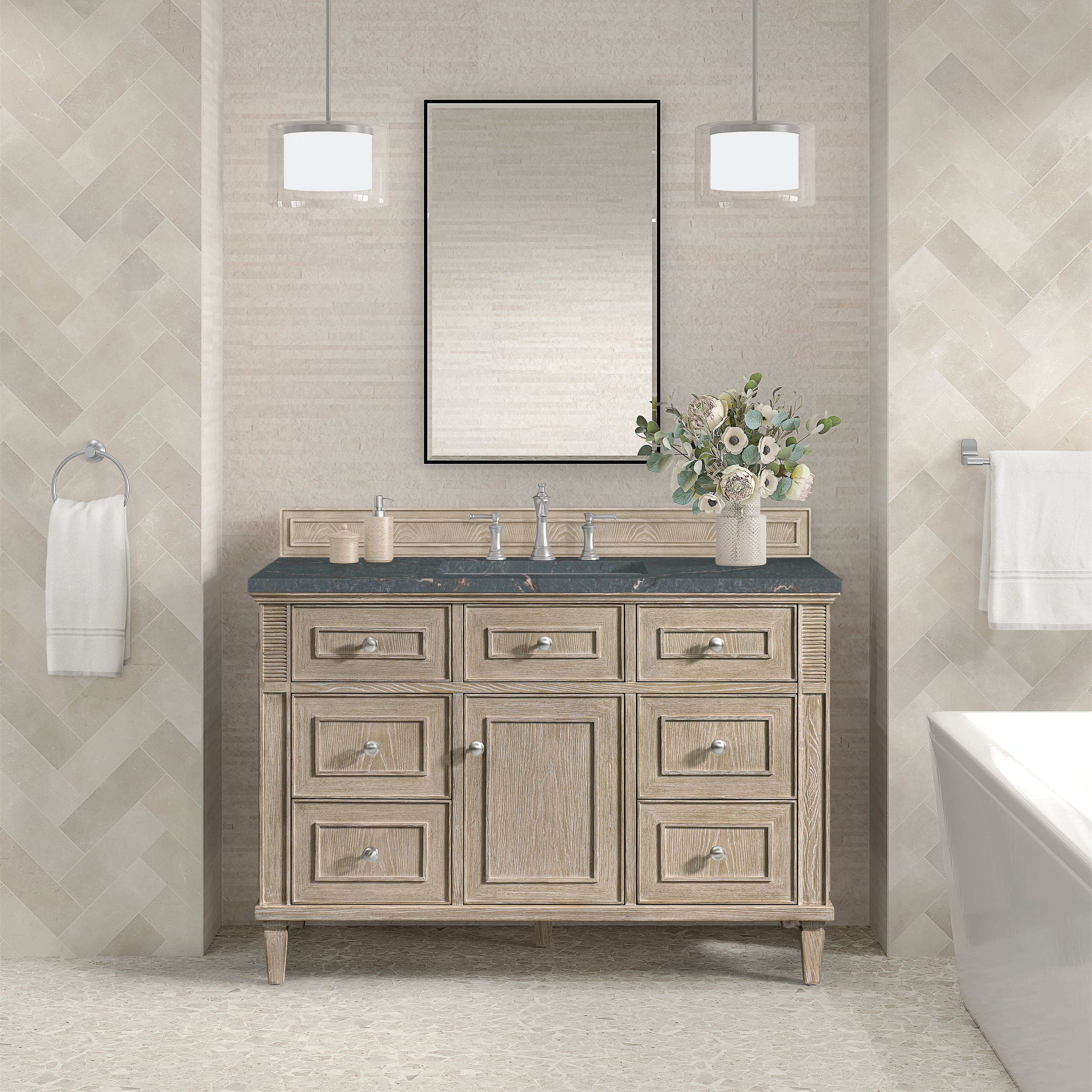 James Martin Lorelai 48" Single Vanity in Whitewashed Oak with 3cm Countertop and FreePower Wireless Charger