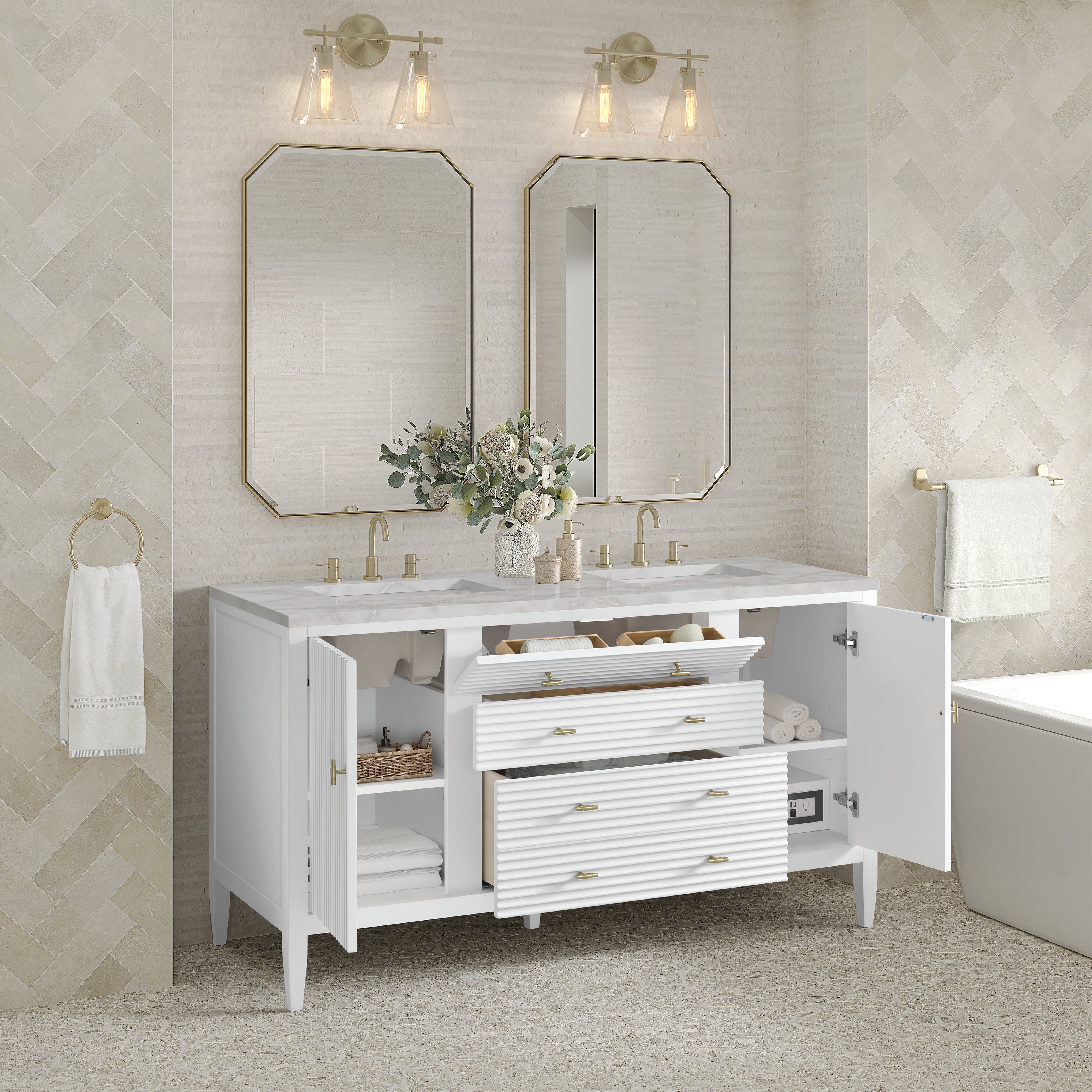 James Martin Myrrin 60" Double Vanity in Bright White with 3cm Countertop and FreePower Wireless Charger
