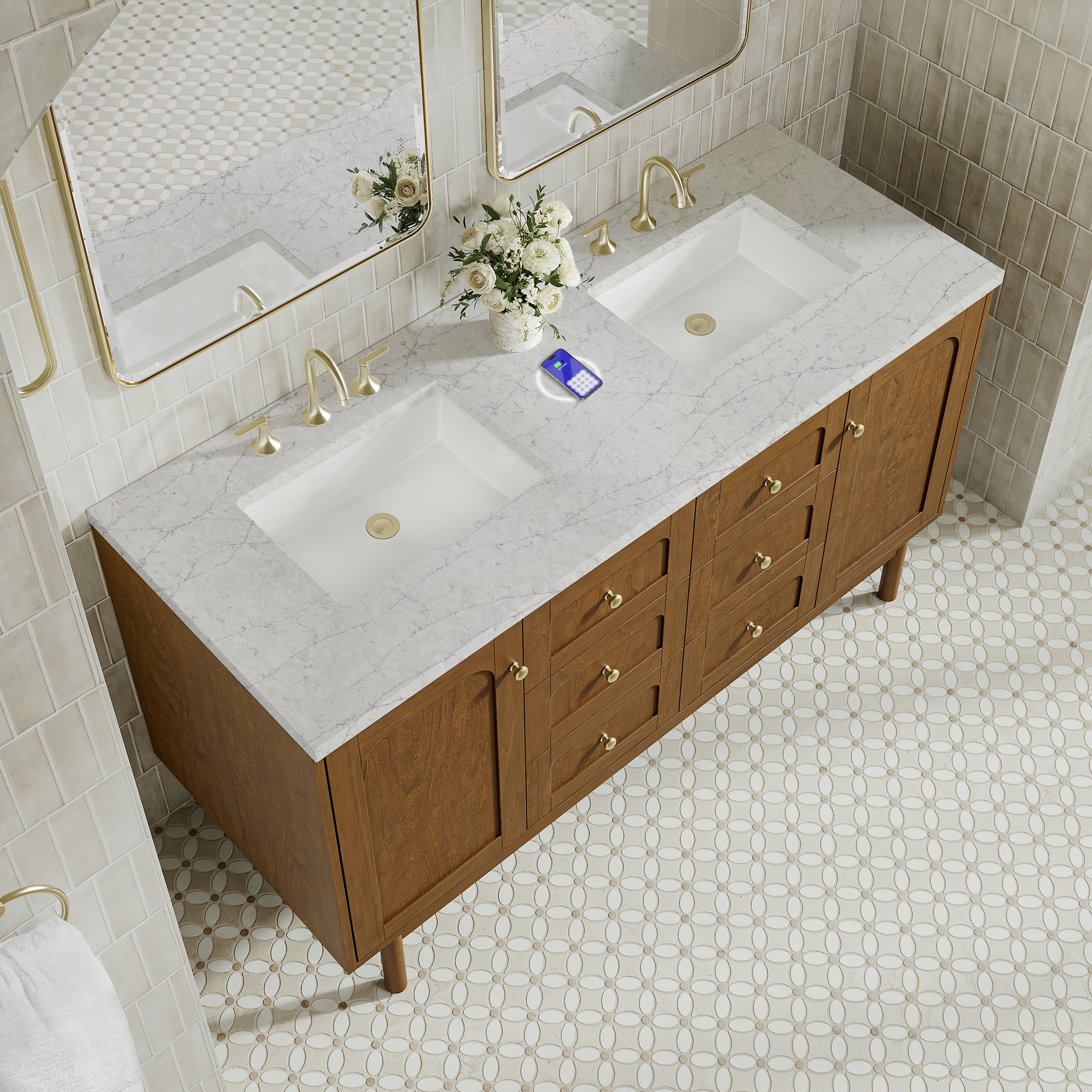 James Martin Laurent 60" Double Vanity in Honey Oak with 3cm Countertop and FreePower Wireless Charger