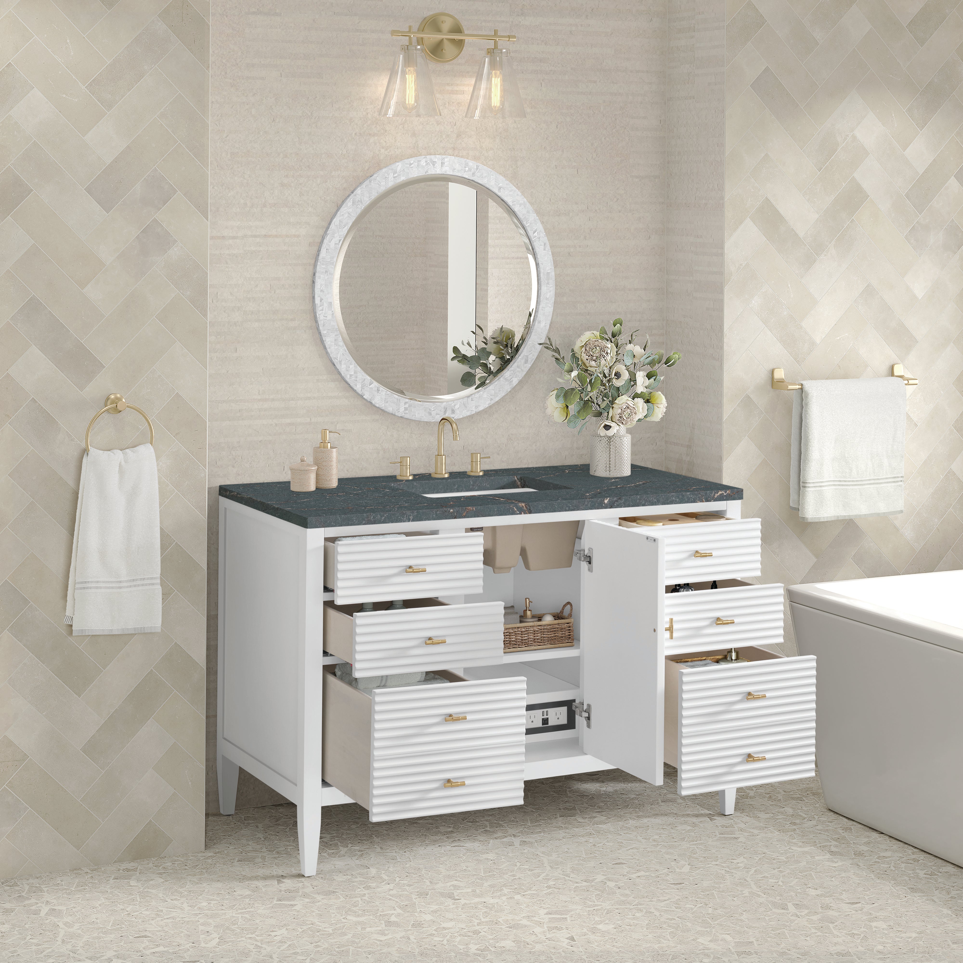 James Martin Myrrin 48" Single Vanity in Bright White with 3cm Countertop and FreePower Wireless Charger