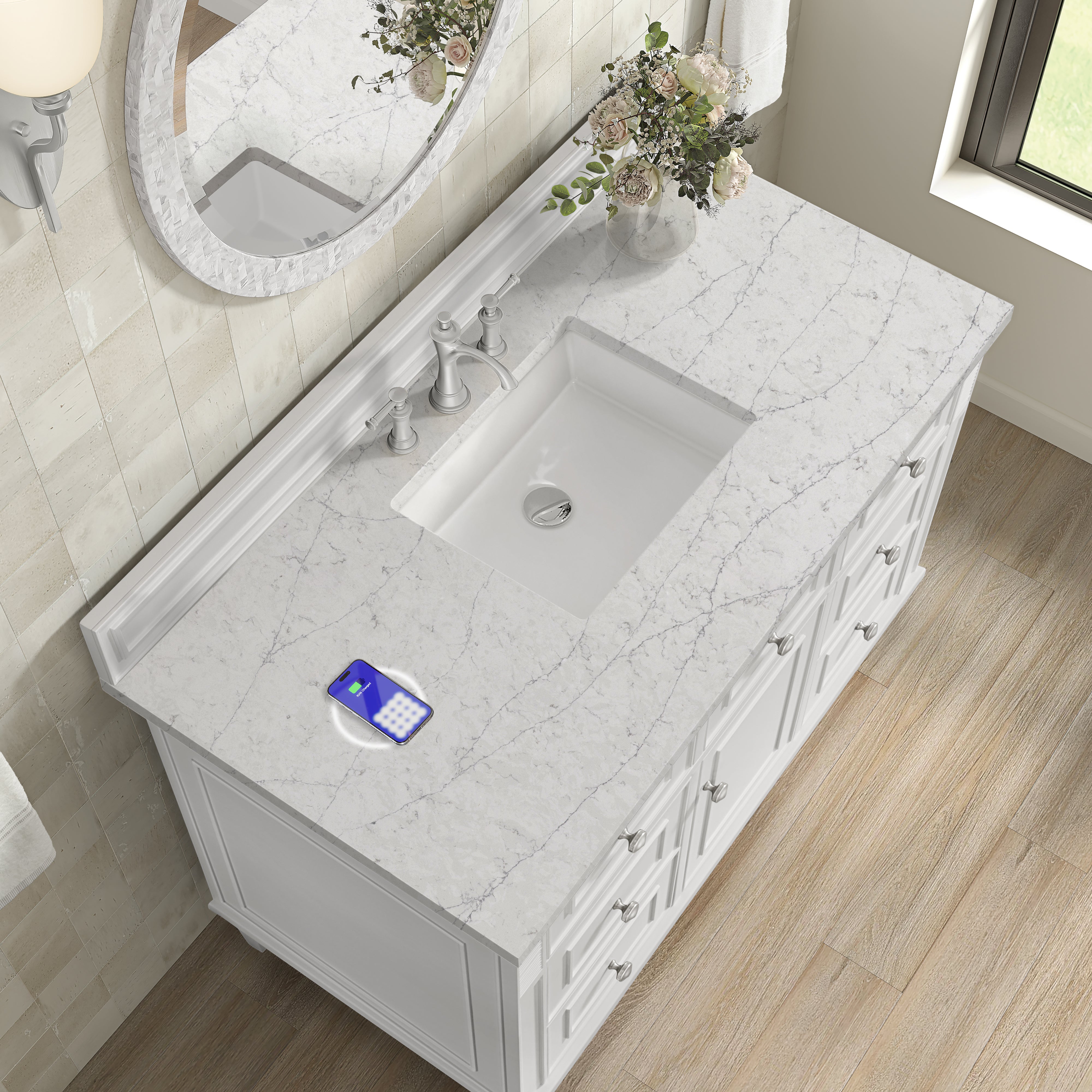 James Martin Lorelai 48" Single Vanity in Bright White with 3cm Countertop and FreePower Wireless Charger