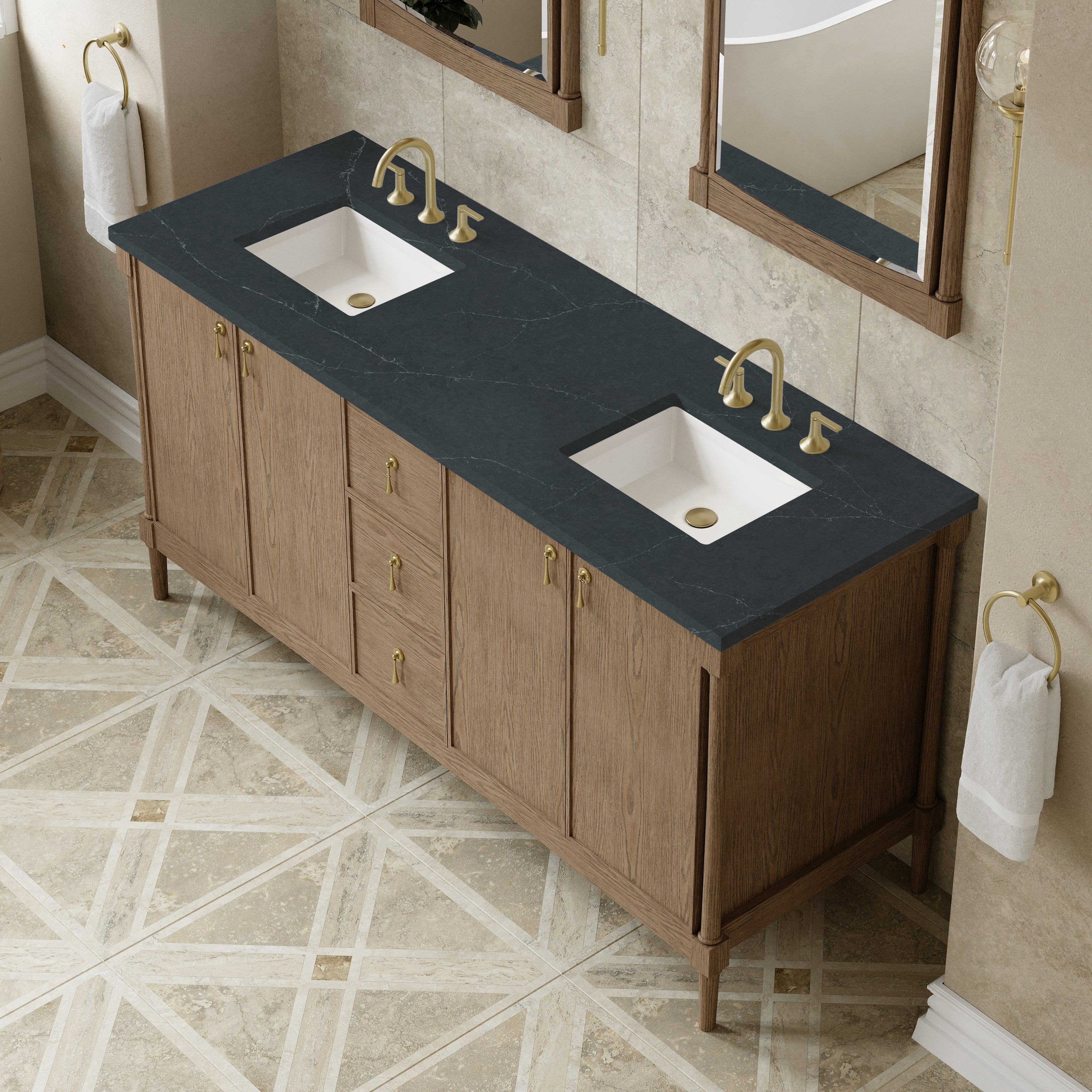 James Martin Kinnsden 72" Double Vanity in Weathered Oak with 3cm Carrara Marble Top