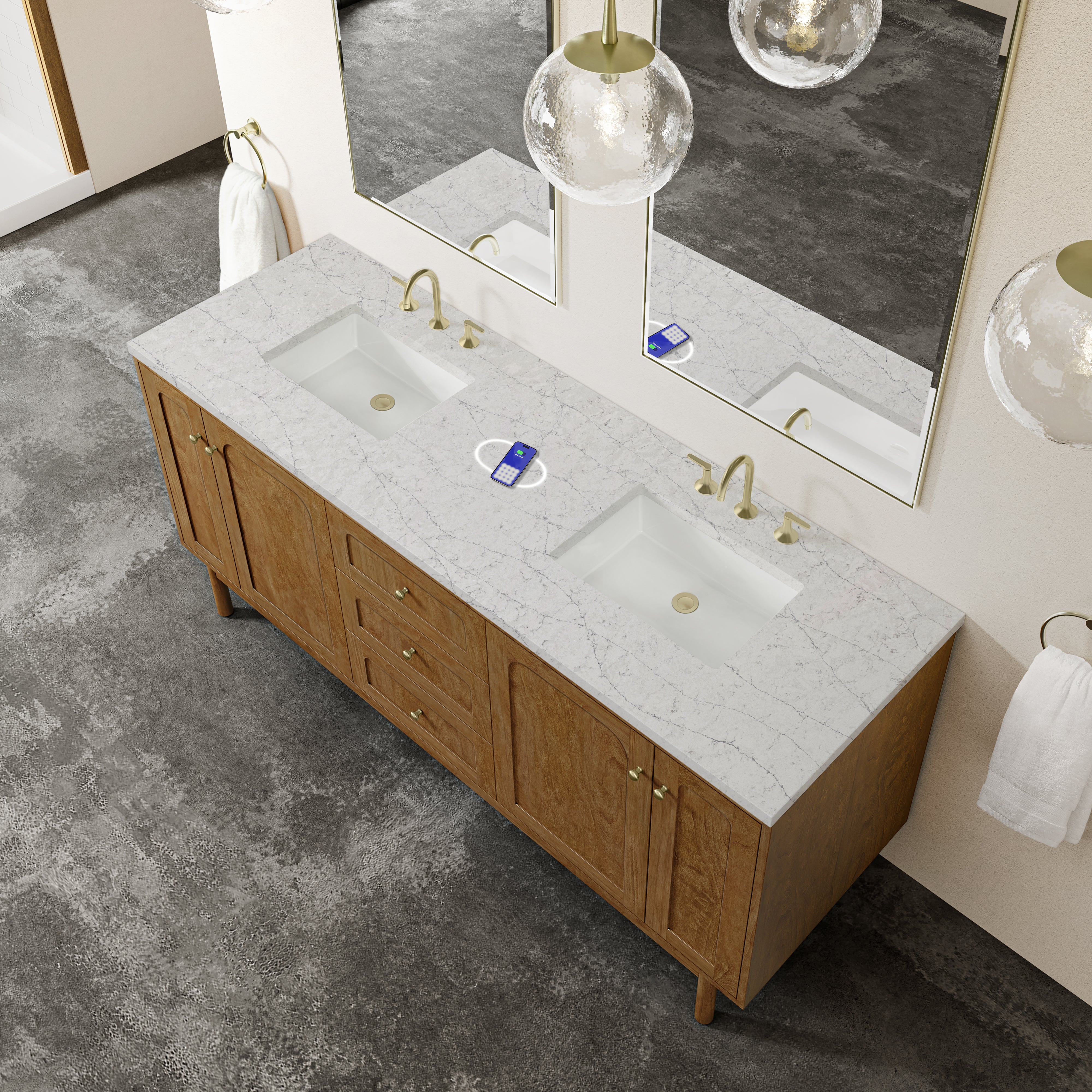 James Martin Laurent 72" Double Vanity in Honey Oak with 3cm Countertop and FreePower Wireless Charger