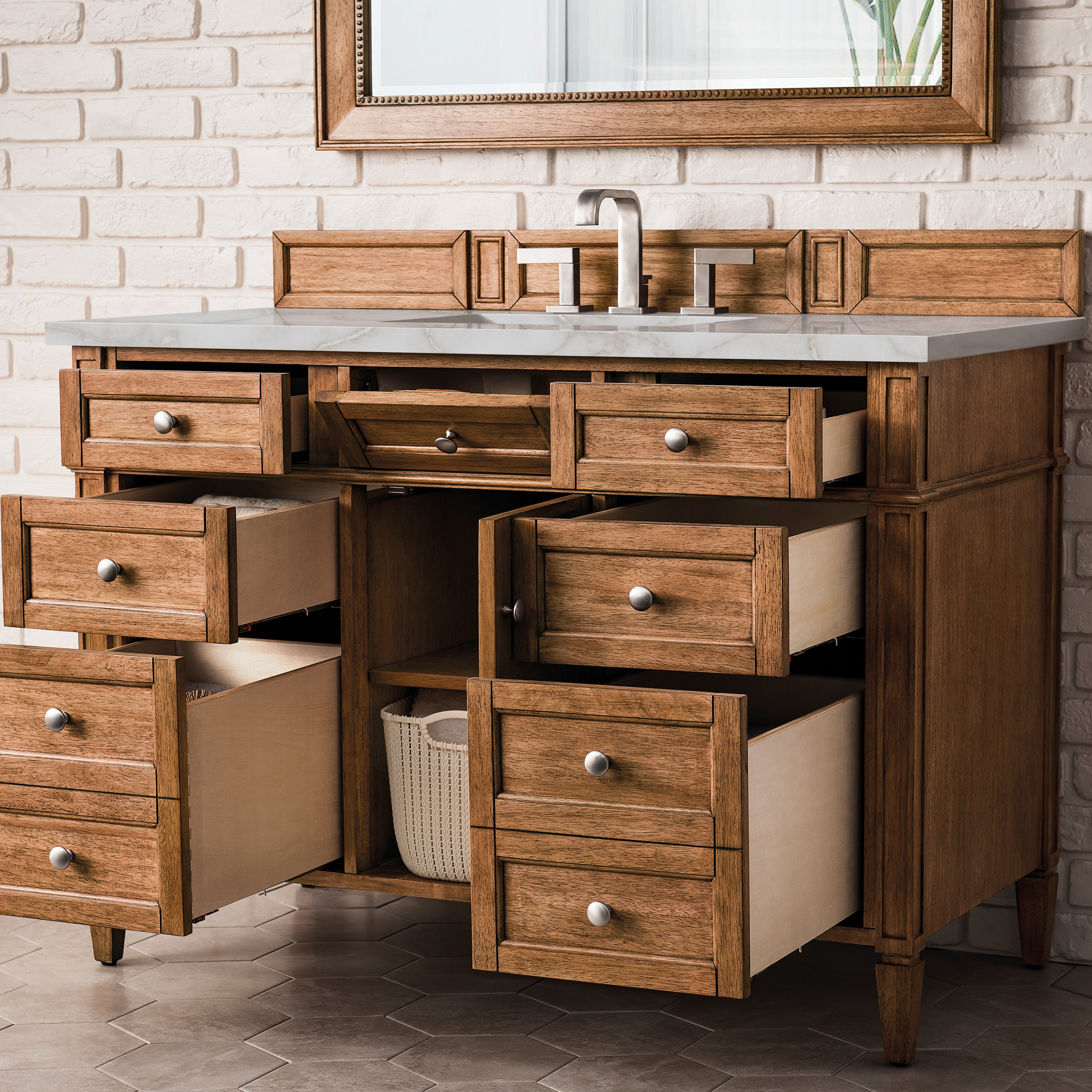 James Martin Brittany 48" Single Vanity in Saddle Brown with with 3cm Countertop and FreePower Wireless Charger