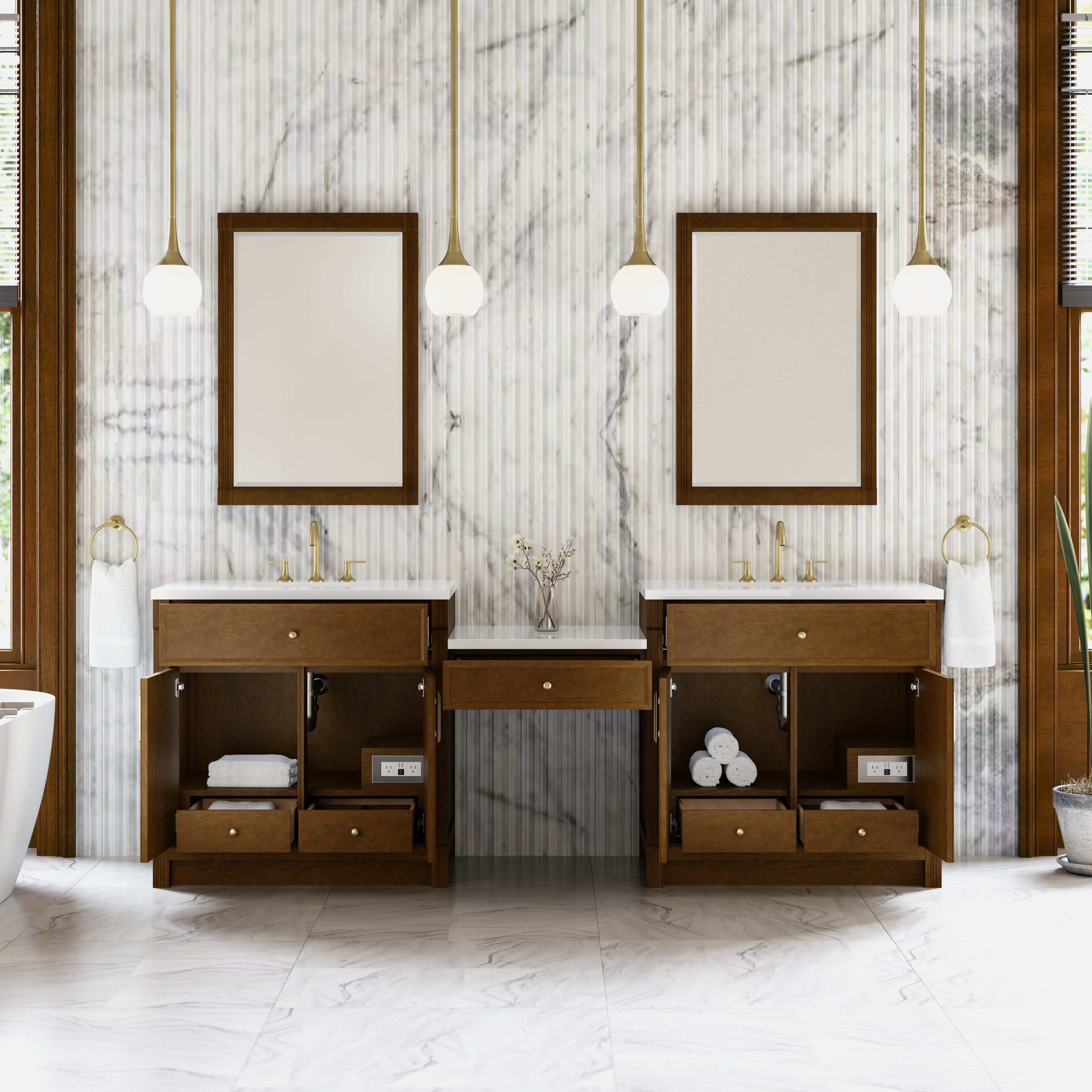 James Martin Bellshire 96" Dual Vanity Set with 24" Make-Up Counter in Honey Oak with 3cm Countertop