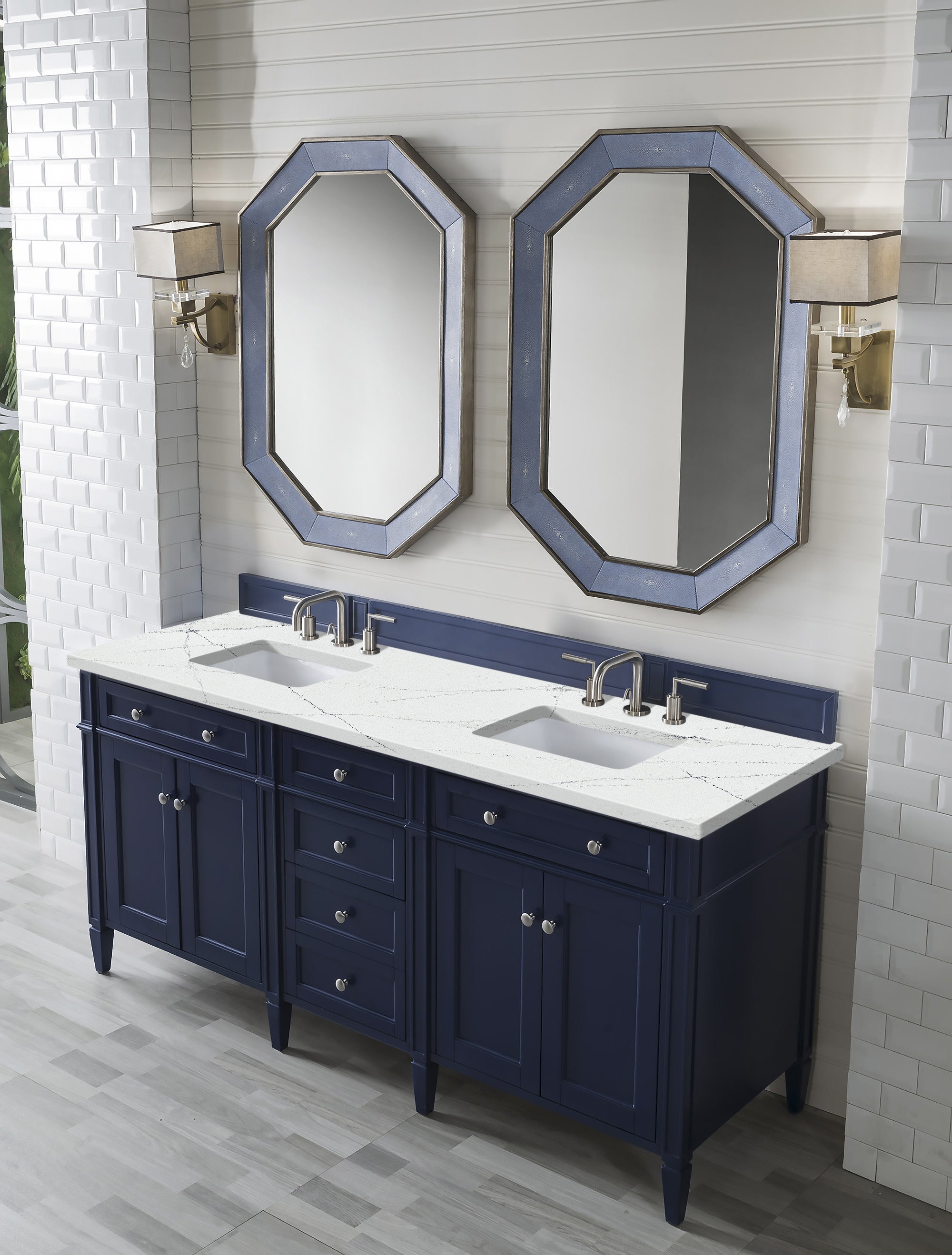James Martin Brittany 72" Double Vanity in Victory Bleu with 3cm Countertop and FreePower Wireless Charger