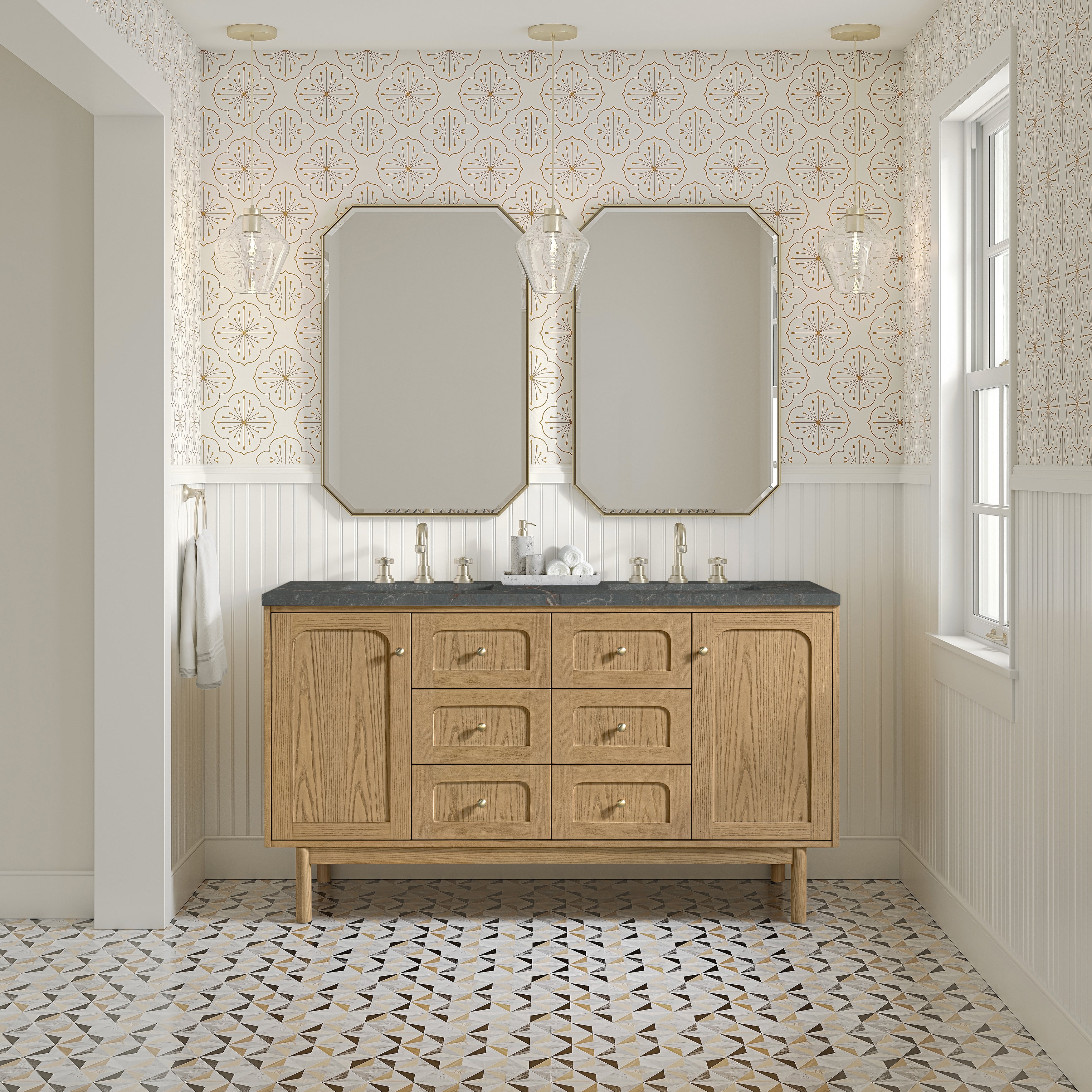 James Martin Laurent 60" Double Vanity in Light Natural Oak with 3cm Countertop and FreePower Wireless Charger