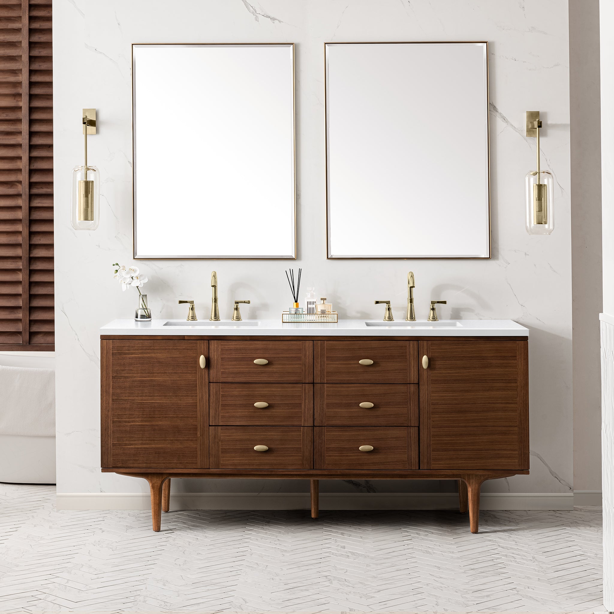 James Martin Amberly 72" Double Vanity in Mid-Century Walnut with 3cm Countertop
