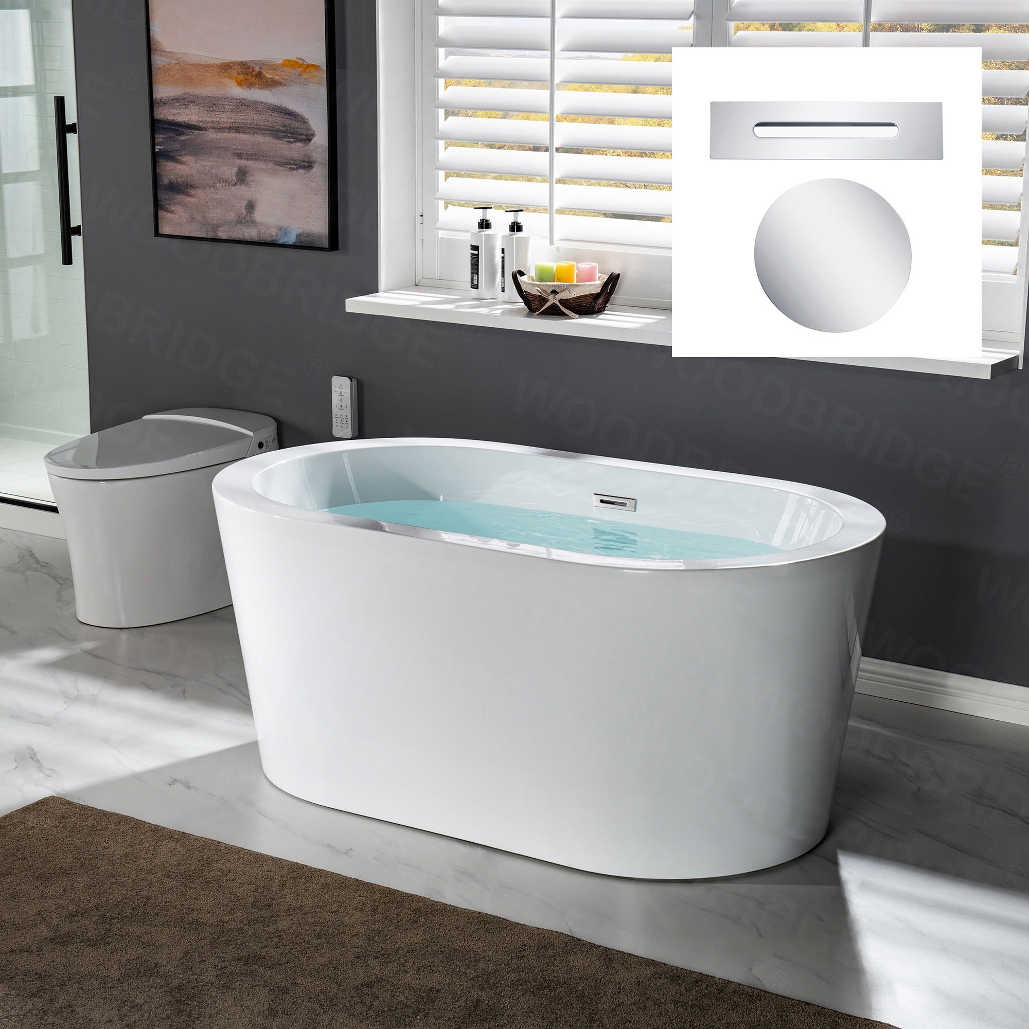 WOODBRIDGE 56" Acrylic Freestanding Bathtub Contemporary Soaking Tub with Drain & Overflow, BTA0088
