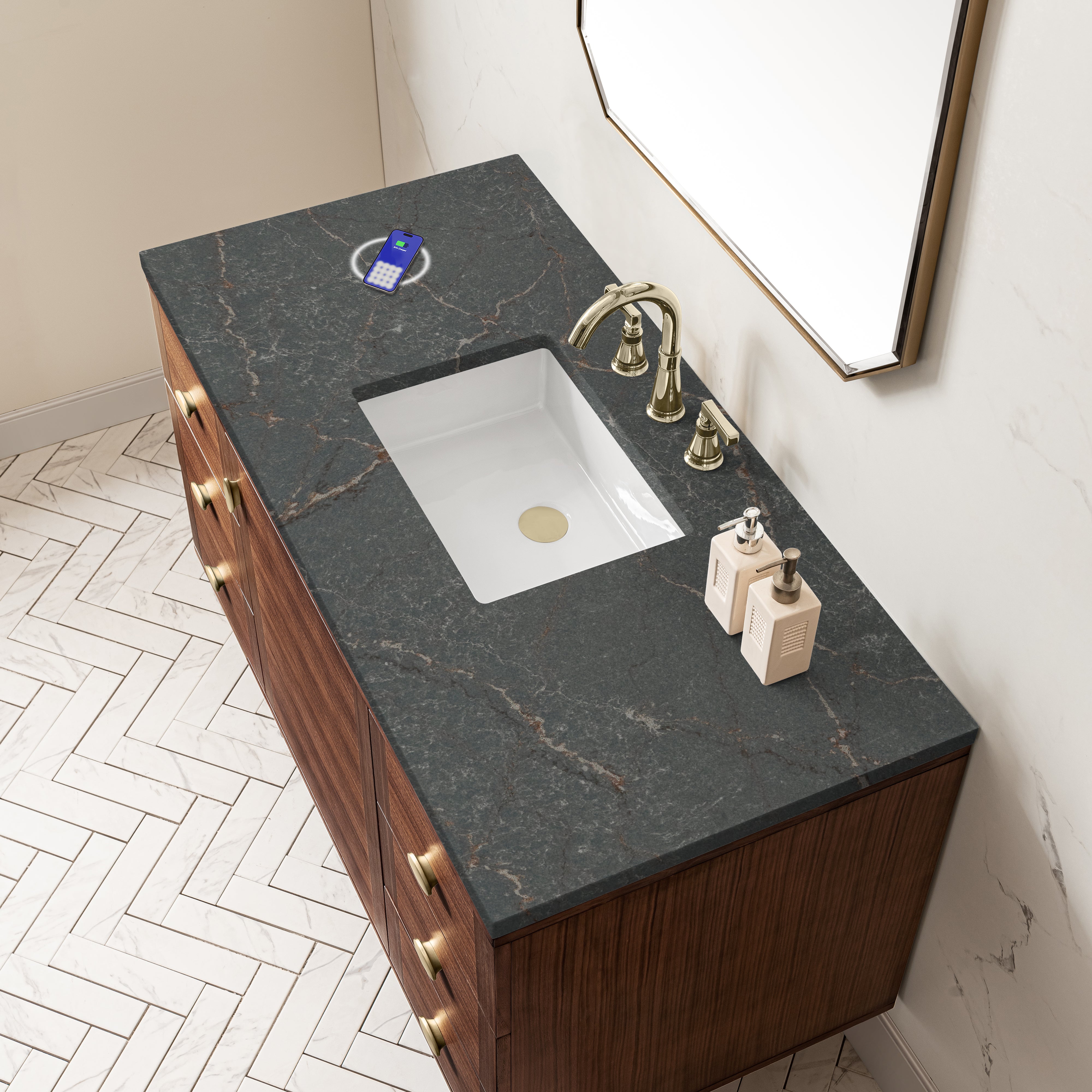 James Martin Amberly 48" Single Vanity in Mid-Century Walnut with 3cm Countertop and FreePower Wireless Charger
