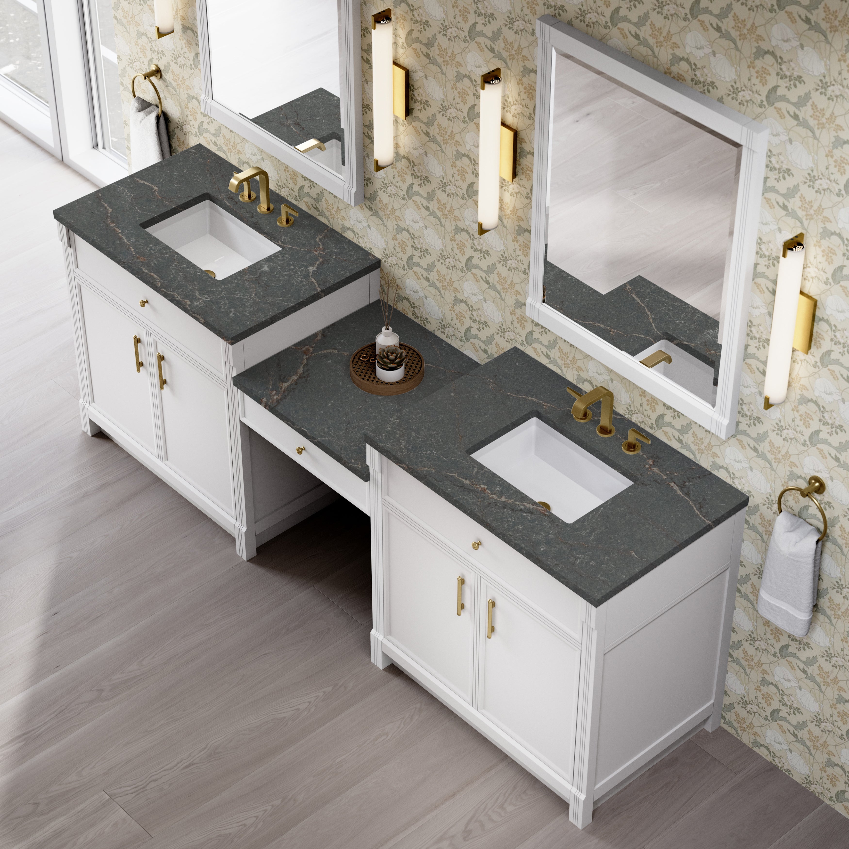 James Martin Bellshire 96" Dual Vanity Set with 24" Make-Up Counter in Bright White with 3cm Countertop