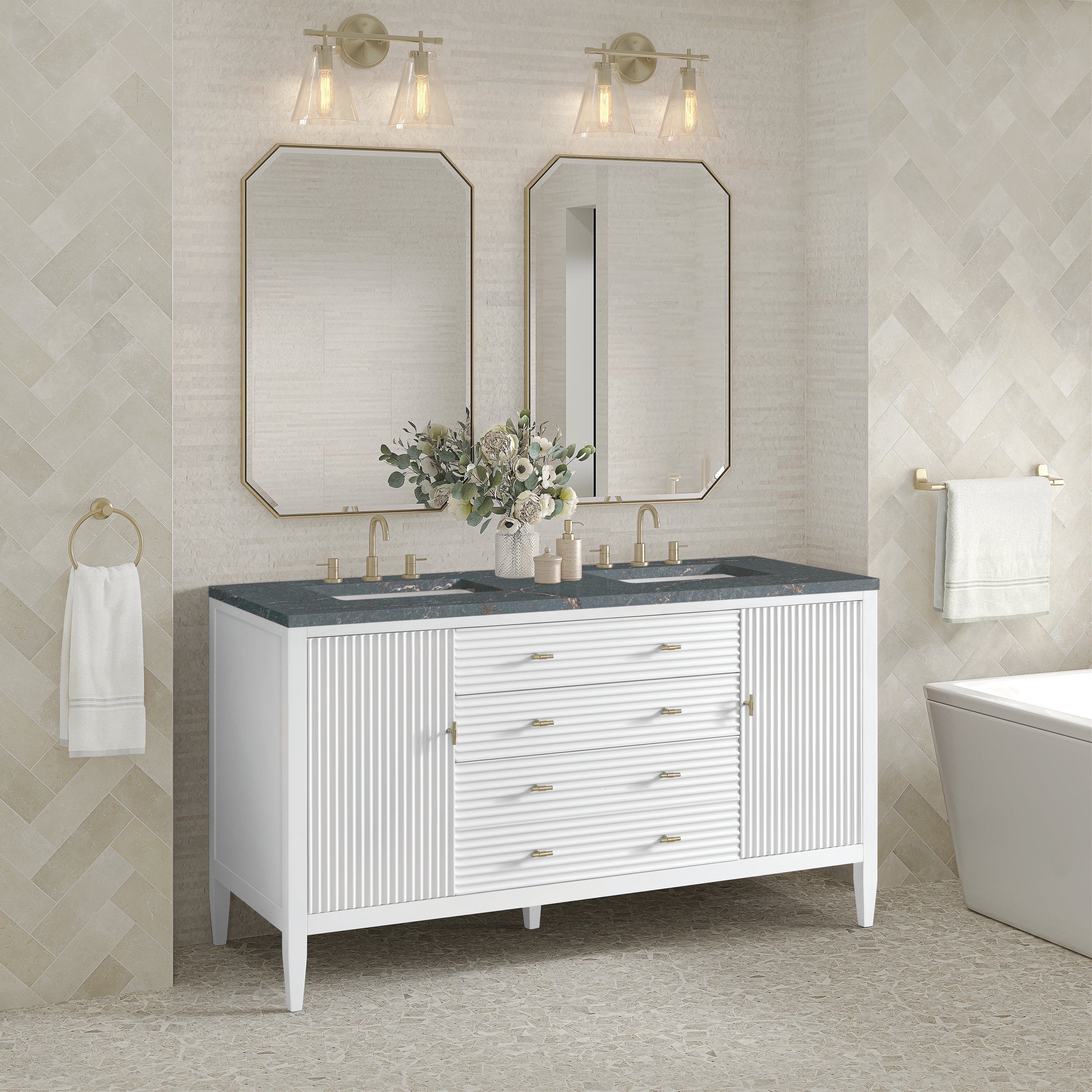 James Martin Myrrin 60" Double Vanity in Bright White with 3cm Countertop