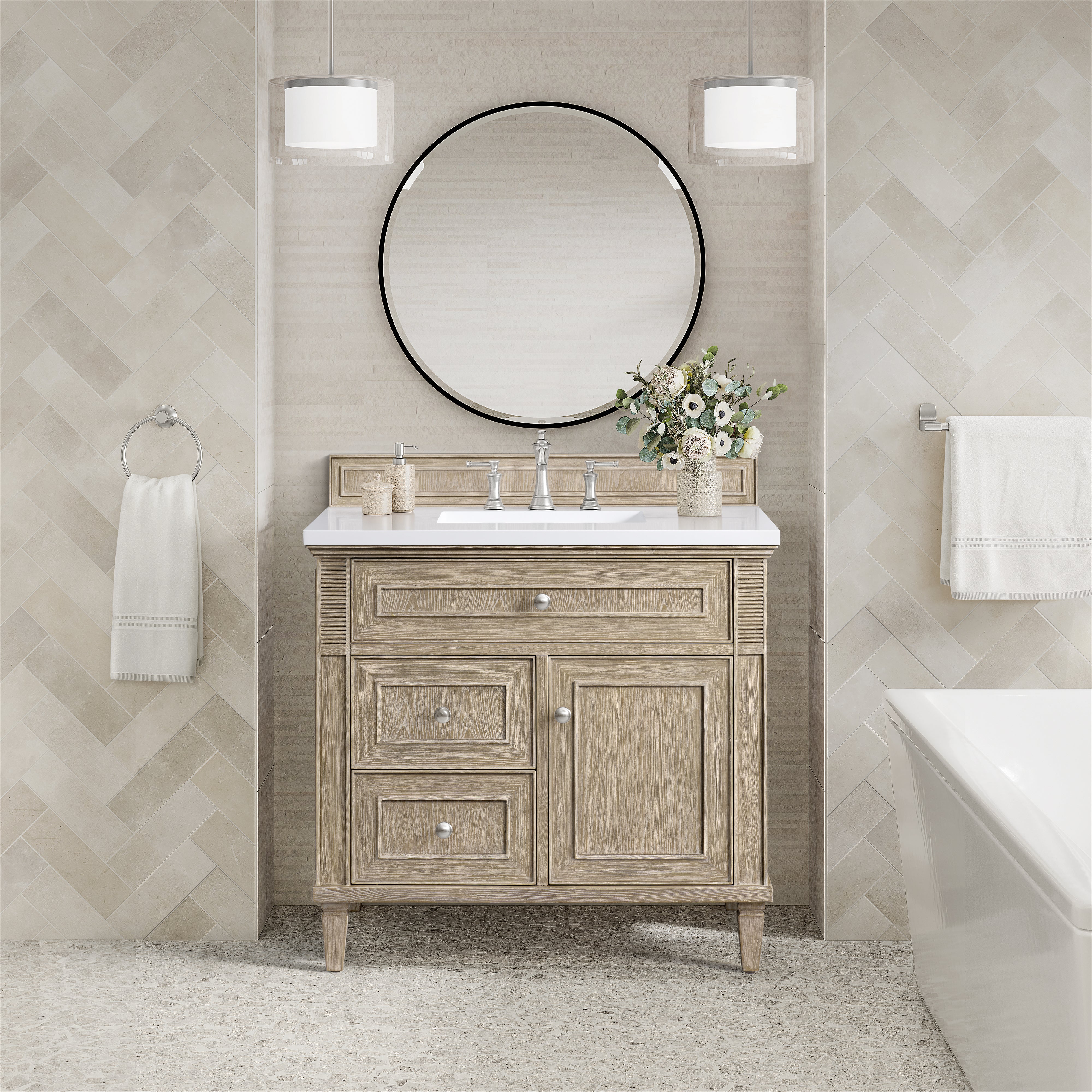 James Martin Lorelai 36" Single Vanity in Whitewashed Oak with 3cm Countertop