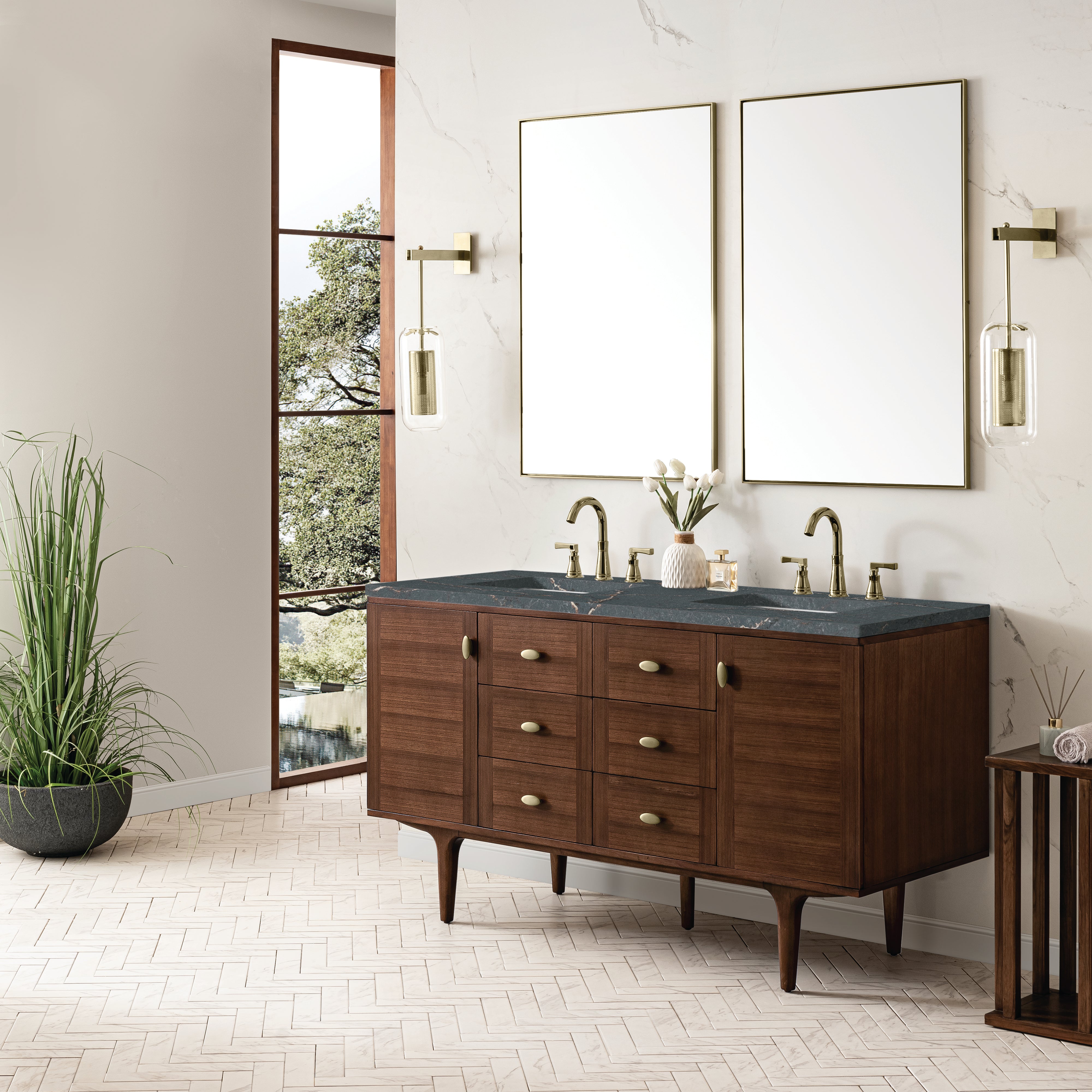 James Martin Amberly 60" Double Vanity in Mid-Century Walnut with 3cm Countertop and FreePower Wireless Charger