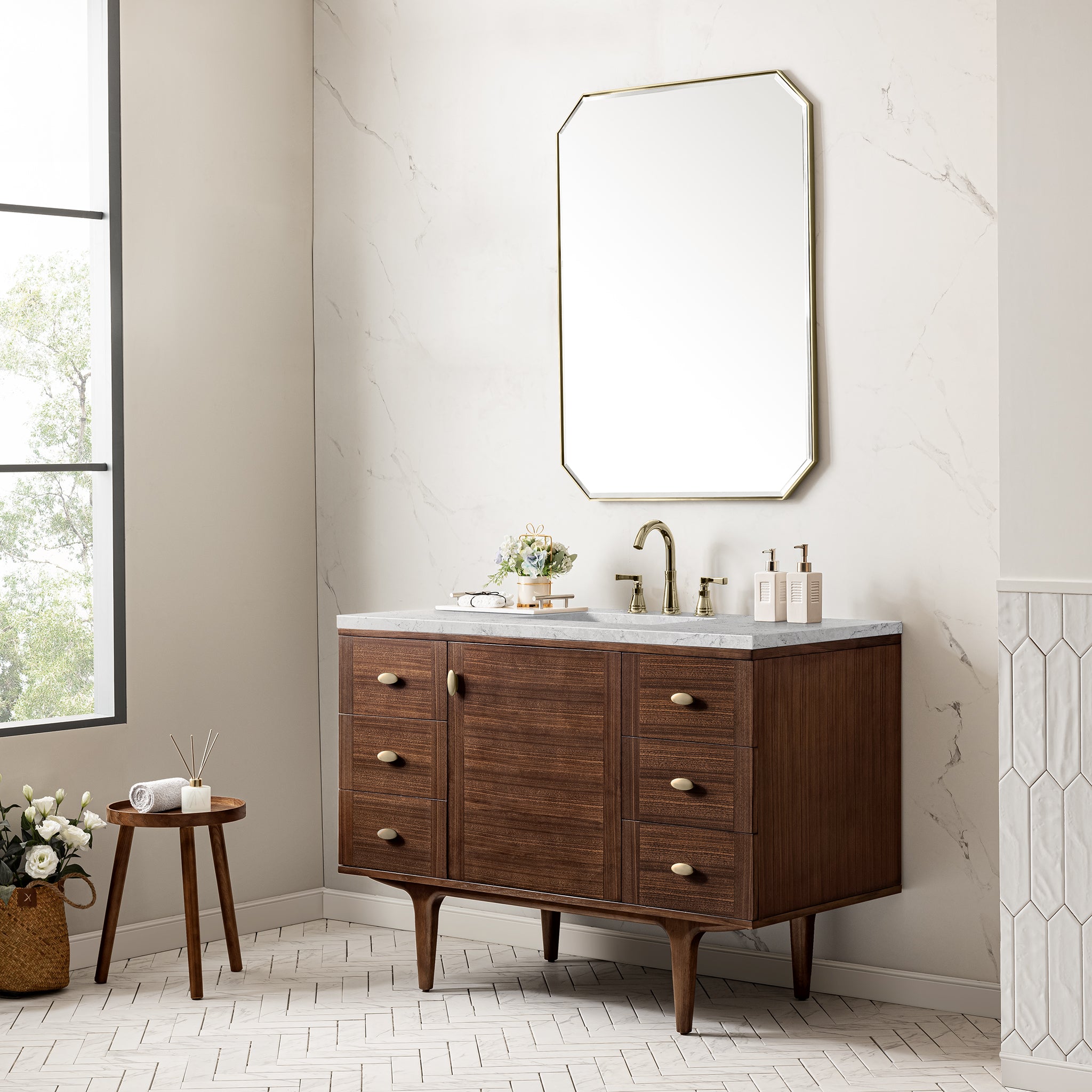 James Martin Amberly 48" Single Vanity in Mid-Century Walnut with 3cm Countertop and FreePower Wireless Charger